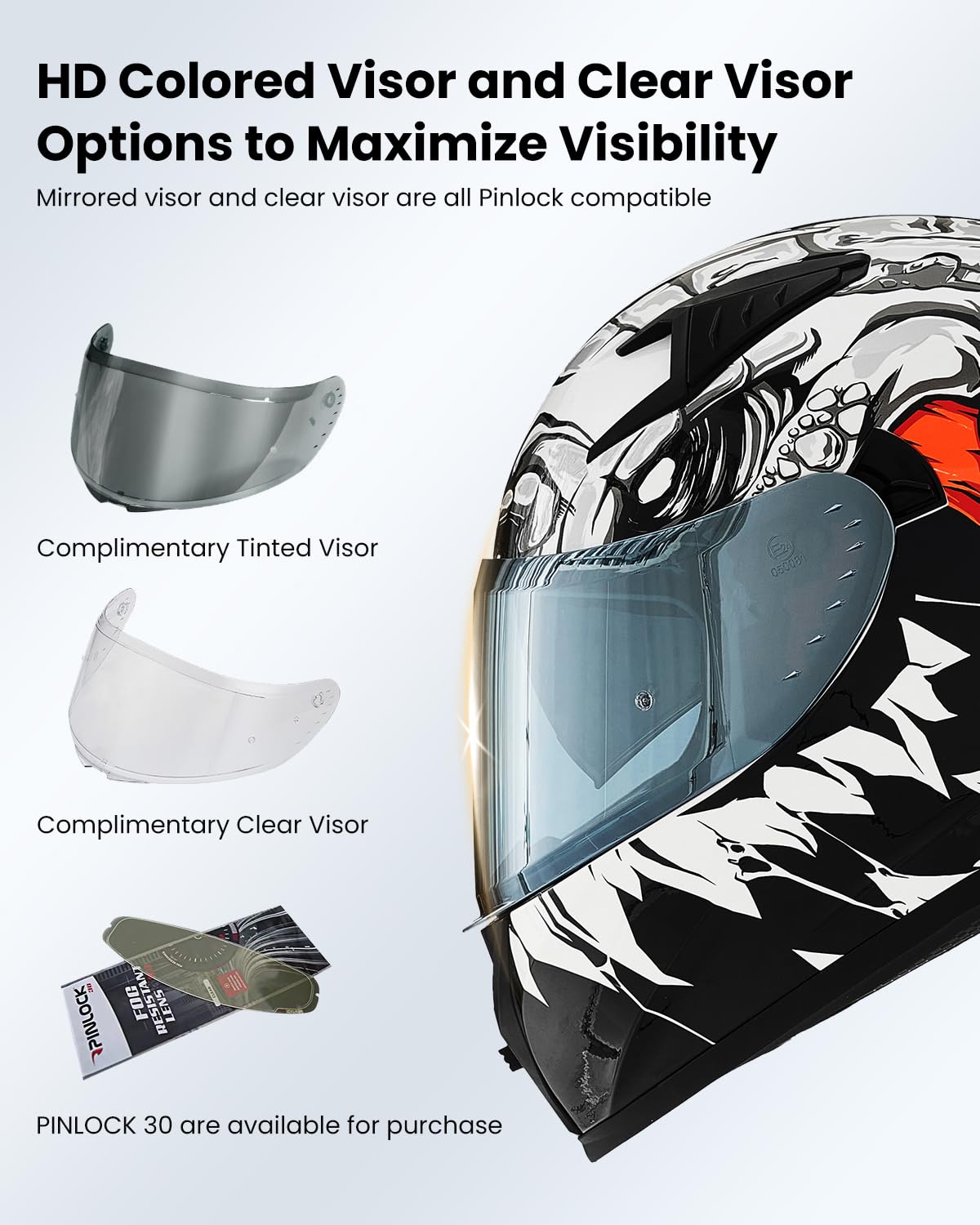ILM Z501 Full Face Motorcycle Helmet - DOT Approved with Pinlock Compatible Visor (Clear & Tinted) + Cooling Fins for Street Bike & Motocross Riding - Perfect for Commuting, Racing and Adventure Tours