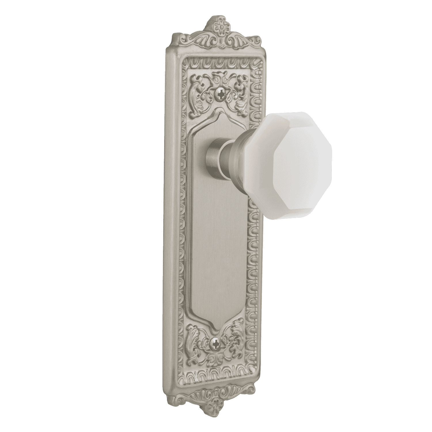 Egg & Dart Long Plate with White Waldorf Knob in Satin Nickel - Elegant Cabinet Hardware for Kitchen & Bathroom Remodeling