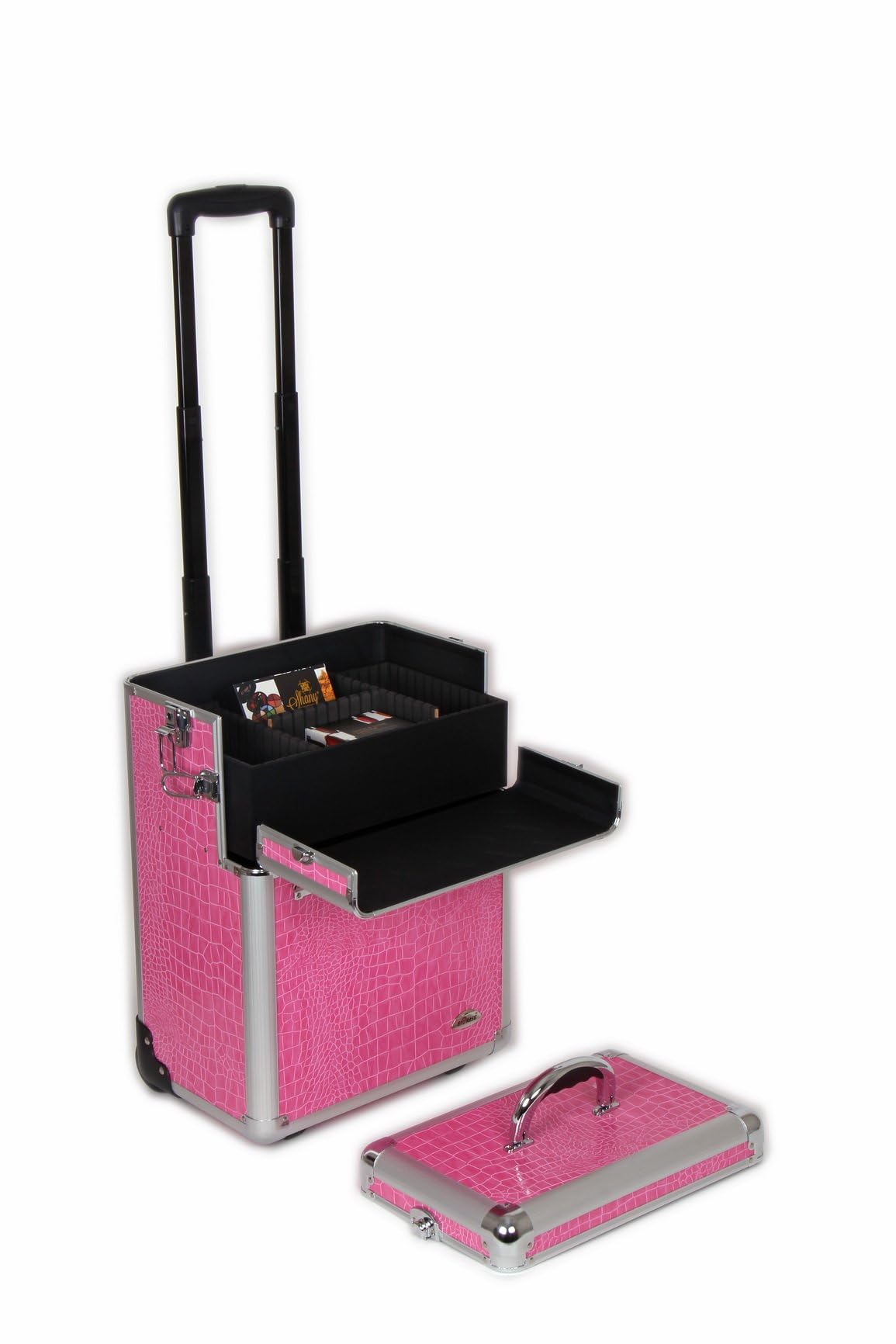 SHANY Pink Snake Skin Rolling Makeup Case with Wide Trays - Premium Cosmetic Organizer for Professional Makeup Artists & Travel (12 lbs) - Perfect for Salon, Bridal, and On-the-Go Beauty Needs
