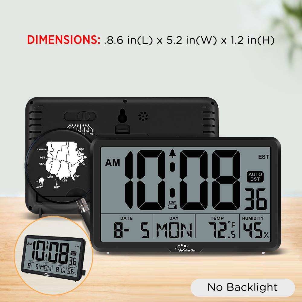 WallarGe Auto Set Digital Wall Clock - Large Display with Temperature, Humidity & Date - Battery Operated Desk Clock for Elderly, Bedroom & Office - 8 Time Zones & Auto DST - Perfect for Home, Office & Travel Use