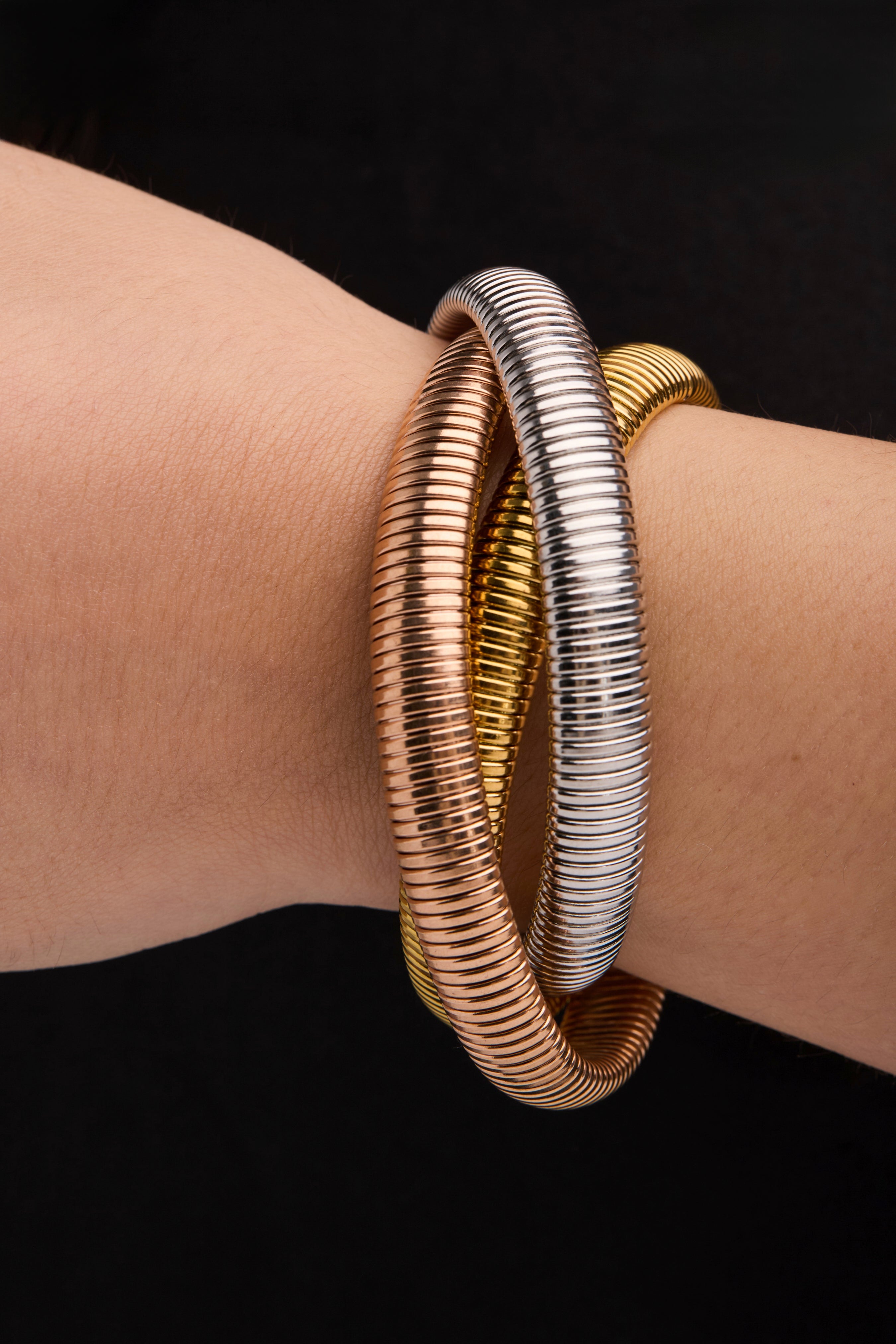 Elegant Three-Tone Coil Bracelet for Women - Gold Silver Rose Gold Adjustable Bangle - Perfect for Everyday Wear, Parties & Gifts