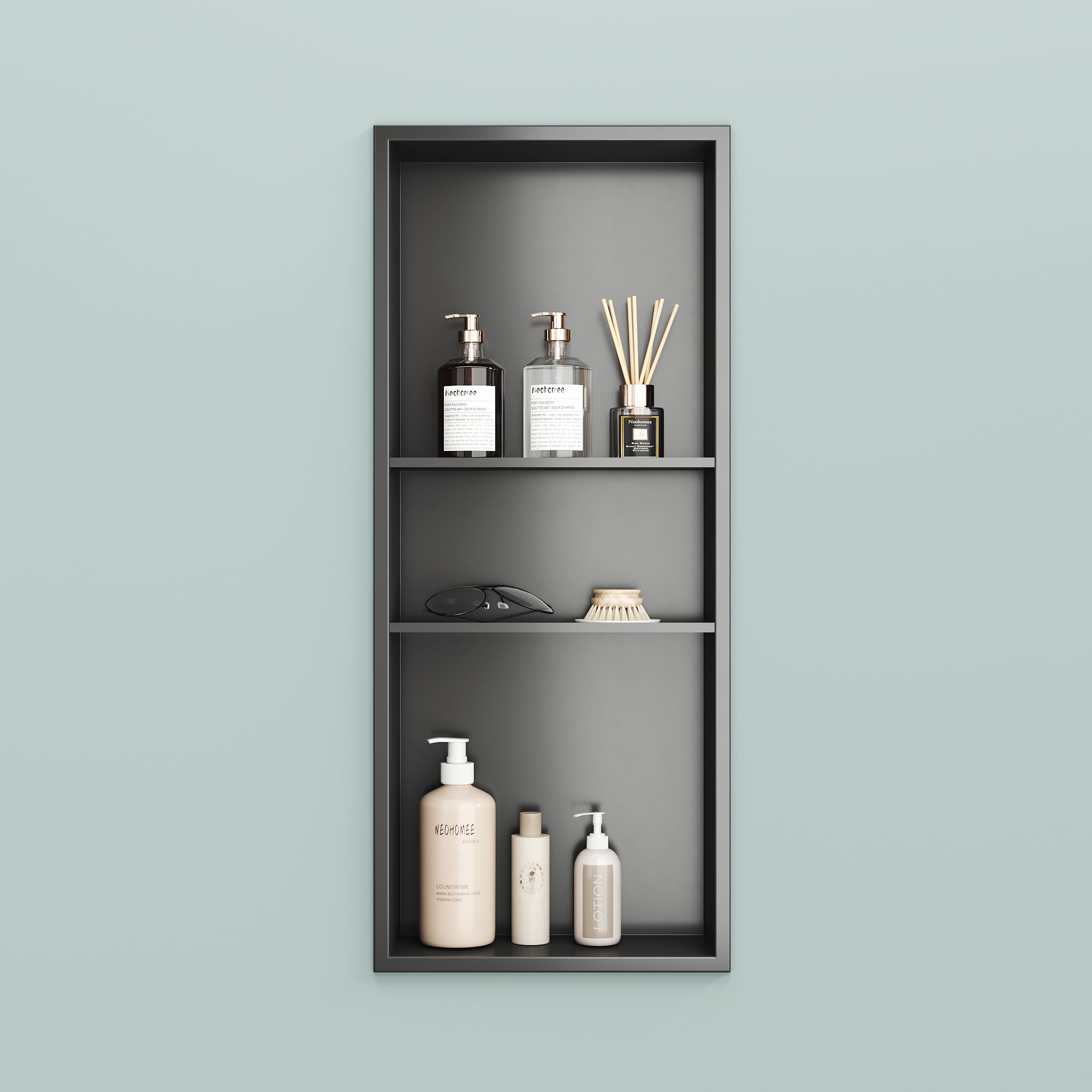 Neodrain 12X30 Inch Gun Metal 3-Layer Stainless Steel Recessed Shower Niche - No Tile Needed Bathroom Wall Storage Organizer for Shampoo, Soap & Bath Essentials