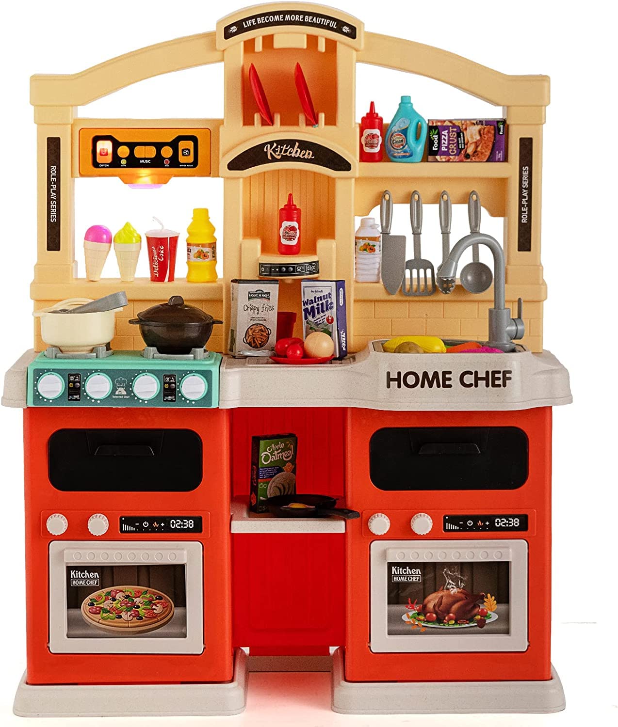 HONEY JOY Kids Kitchen Playset - Large Plastic Play Kitchen with Realistic Lights, Sounds, Music, Running Water & Steam Function - 69 Pcs Cooking Accessories - Pretend Play Kitchen Toys for Toddlers & Preschoolers - Perfect Gift for Boys & Girls - Ideal for Birthday, Christmas & Indoor Role-Playing Games