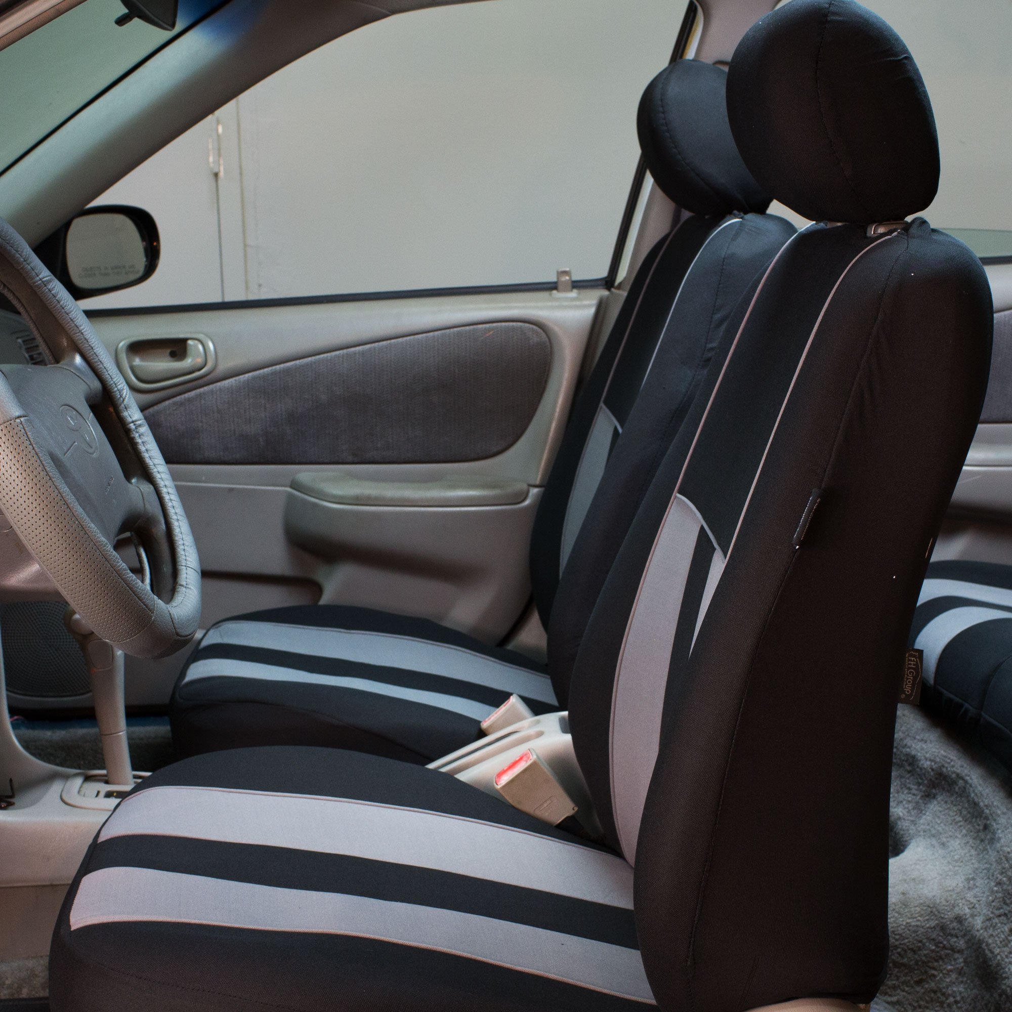 TLH Automotive Universal Beige Striped Car Seat Covers - Airbag Compatible Front Set | Car Seat Protector for Sedans, Trucks & SUVs | Durable Interior Accessories for Commuting & Road Trips