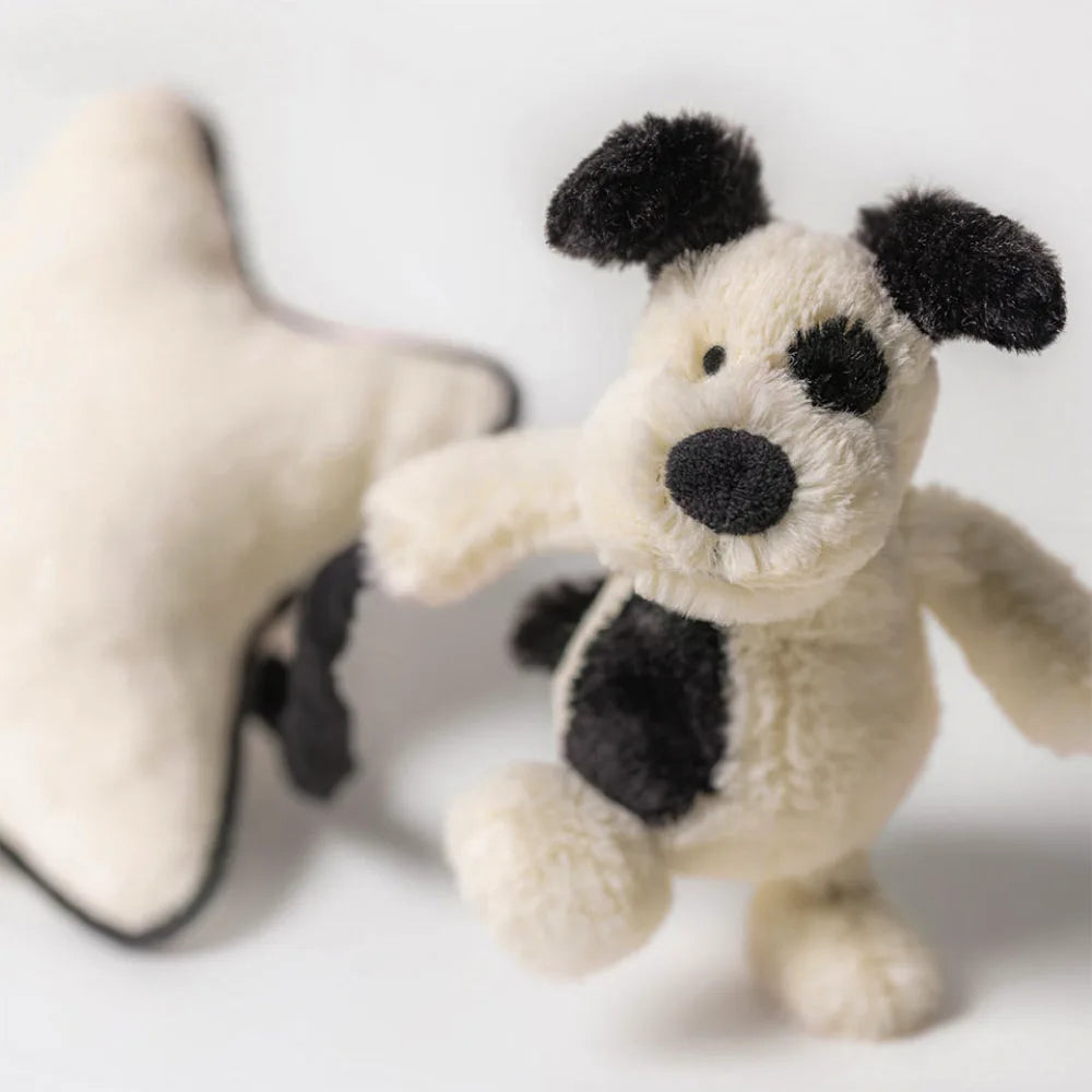 Jellycat Bashful Black & Cream Puppy Musical Pull Toy - Soft Plush Stuffed Animal with Soothing Lullabies for Babies & Toddlers - Perfect Nursery Gift, Cuddle Buddy and Sensory Play Companion