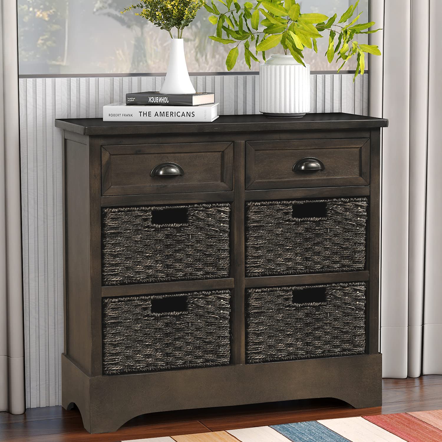 Vintage Wooden Storage Cabinet with 2 Drawers & 4 Woven Rattan Baskets - Rustic Organizer for Kitchen, Dining Room, Entryway, Bedroom | Perfect for Home Organization, Farmhouse Decor & Small Space Storage