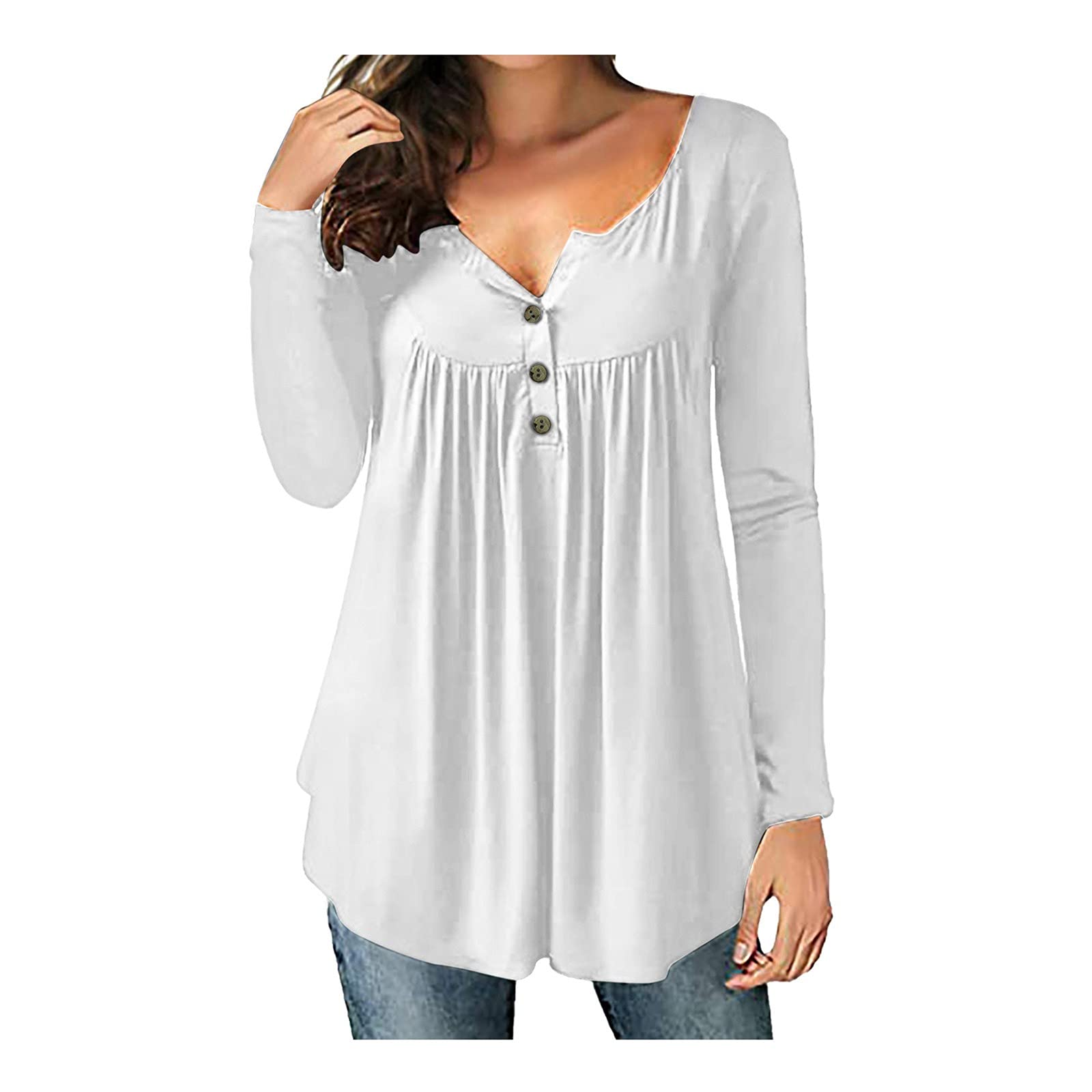Vacger Women's Solid Print Long Sleeve Tunic Blouse - Soft Oversized Button Down Casual Shirt with Round Neck for Women | Perfect for Work, Date Night & Everyday Wear