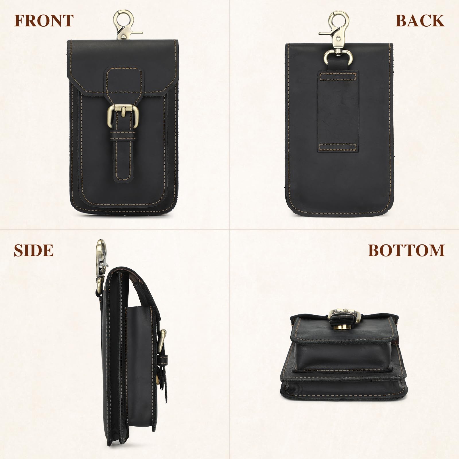 BAIGIO Genuine Leather Belt Phone Pouch - Universal Crossbody Cell Phone Holster for iPhone 16/15/14/13/12 Pro Max, Samsung Galaxy A15/A55/S24/S23/S22, Xiaomi - Perfect for Hiking, Travel & Everyday Use