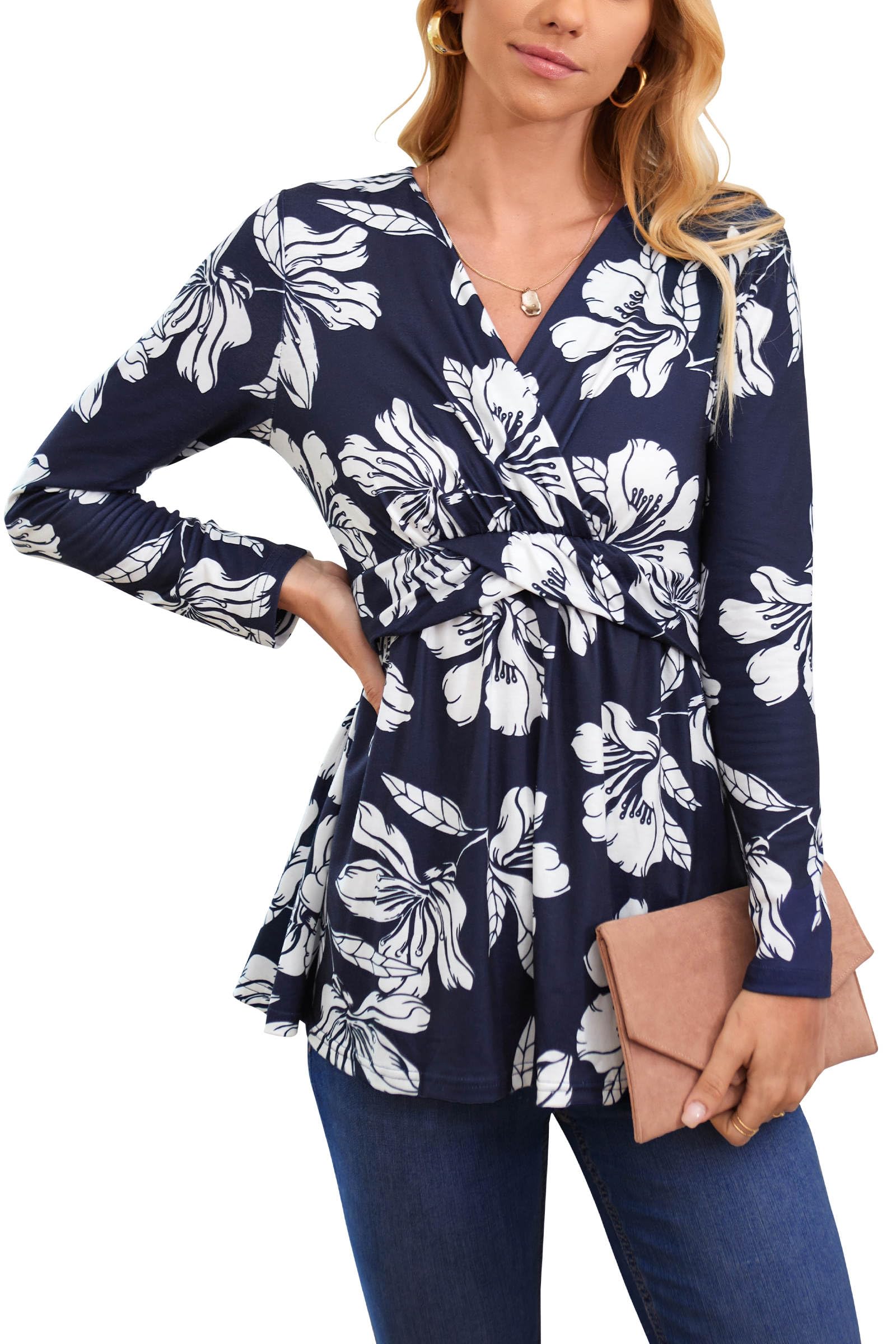 OUGES 2023 Women's Long Sleeve Maternity Nursing Shirts - Wrap Tops V Neck Pregnancy Blouse & Tunics for Breastfeeding Moms | Comfortable Nursing Clothes for Work, Outings & Daily Wear
