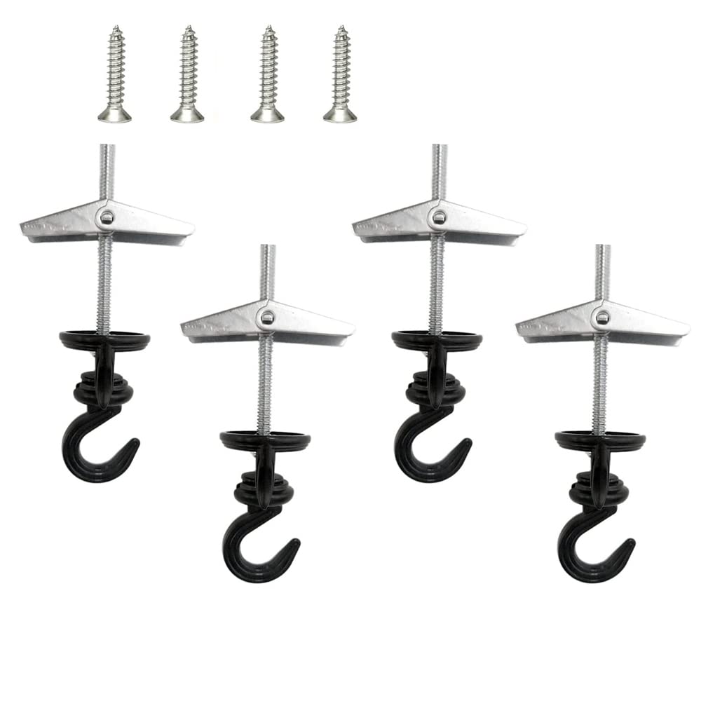 4Pcs Black Swag Hooks - Heavy Duty 360 Degree Rotating Ceiling Hooks for Hanging Plants, Lights & Decor - Rustproof Metal Swivel Hooks for Indoor & Outdoor Use