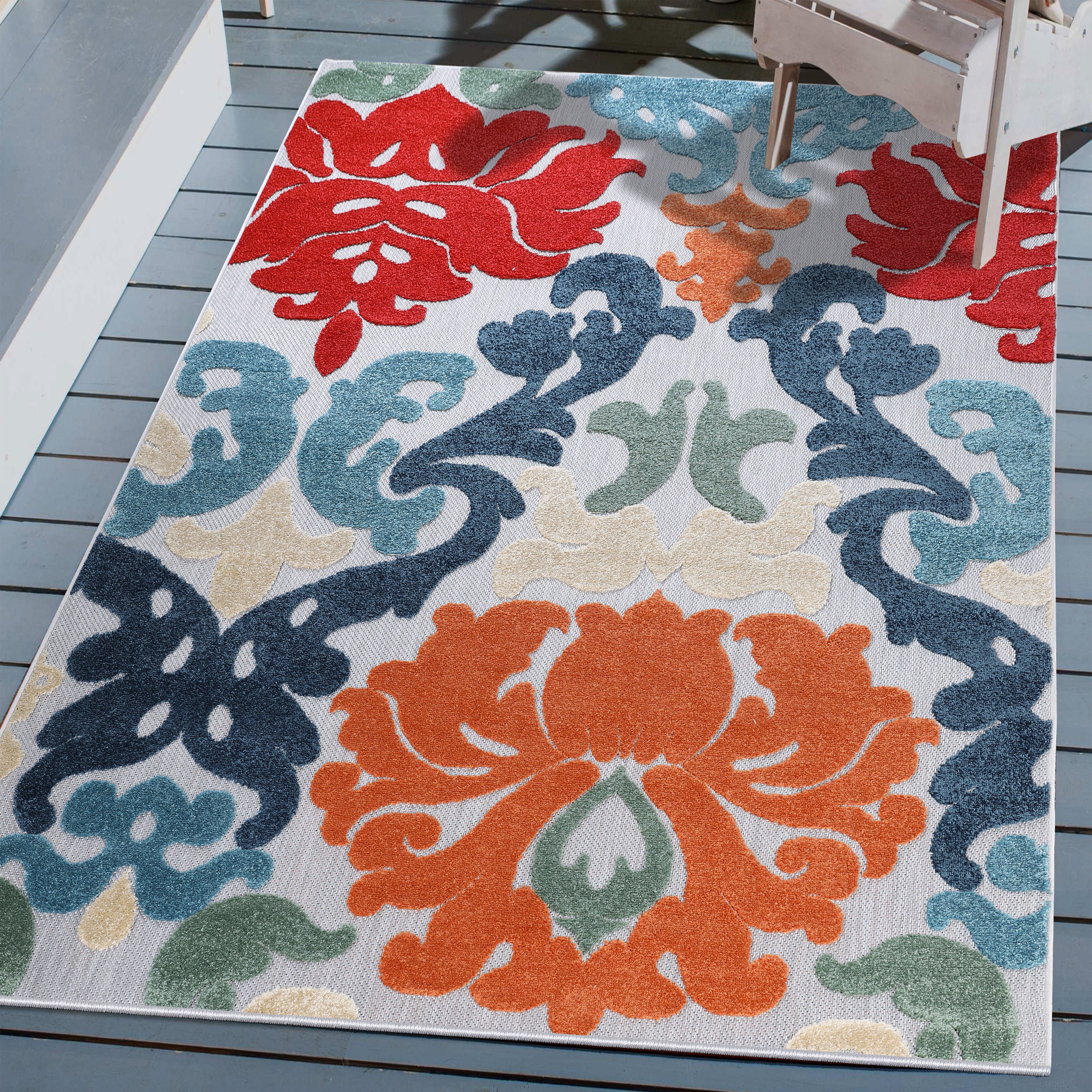 Lowell Traditional Damask Indoor/Outdoor Area Rug - Non-Slip, Waterproof, Durable - Perfect for Living Room, Patio, Deck & Sunroom Decor