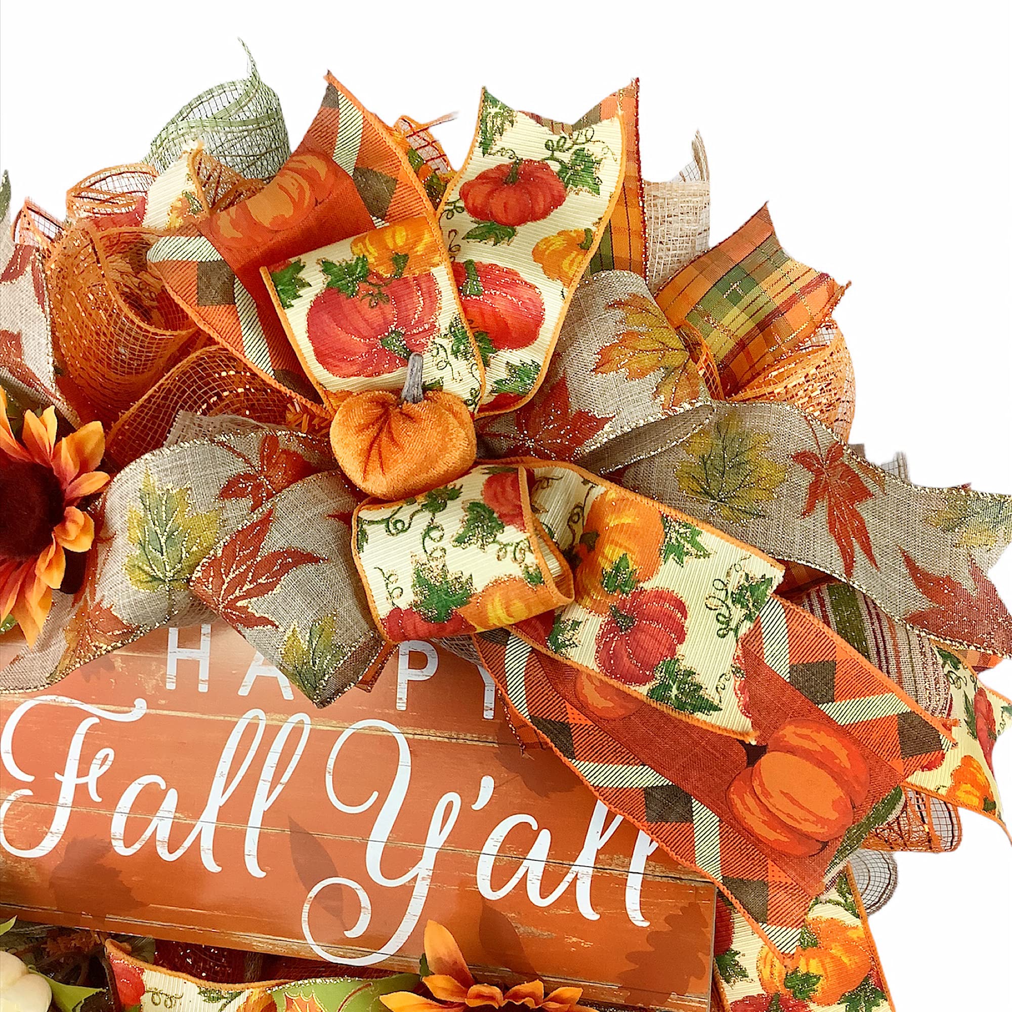 Handmade Happy Fall Y’all Autumn Wreath with Sunflowers, Mums & Bow - Rustic Front Door Decor for Porch, Thanksgiving & Seasonal Home Decoration