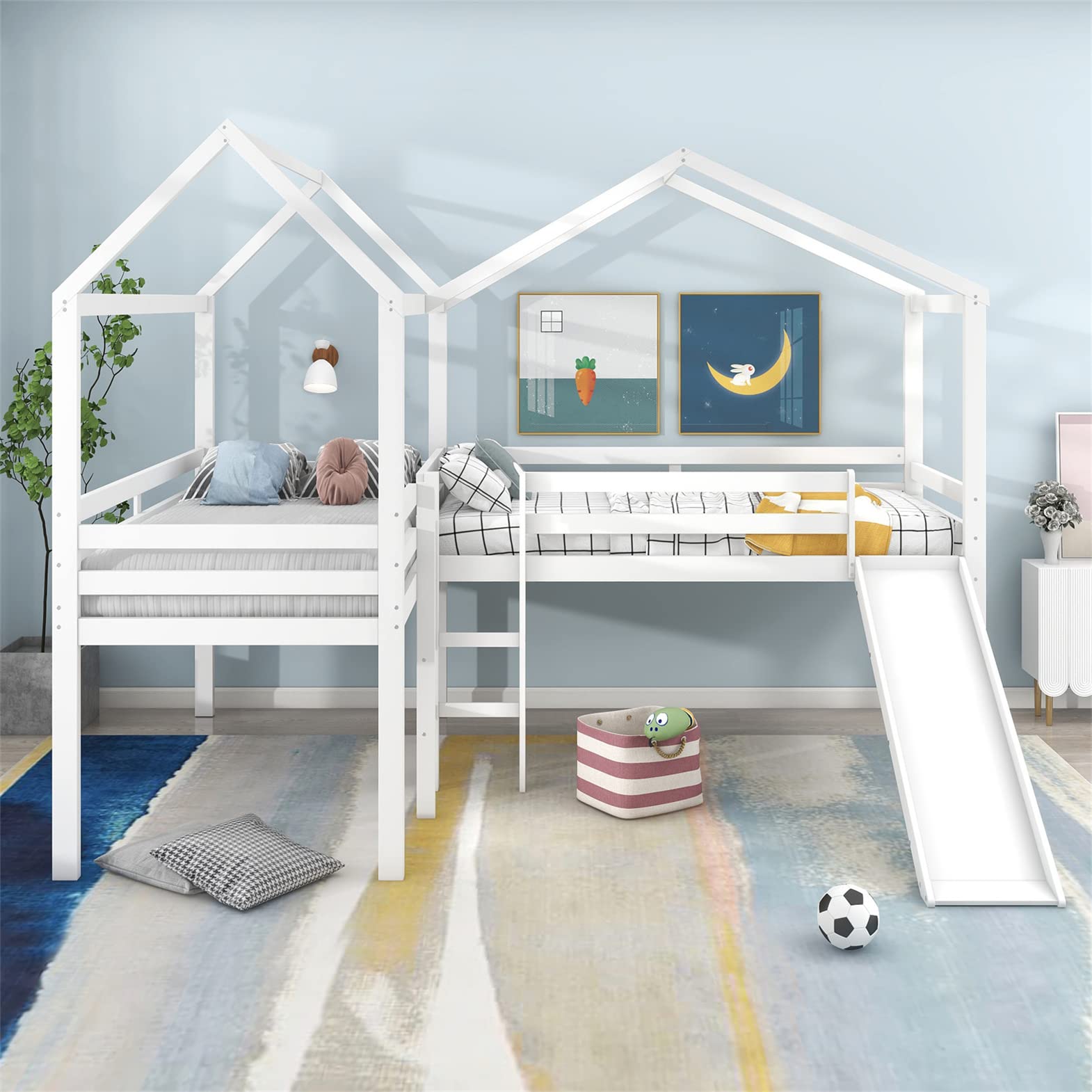L-Shaped Twin Loft Bed with Slide - Wooden Playhouse Loft Bed Frame for Kids & Teens - Space-Saving Bunk Bed for Small Rooms - Perfect for Shared Kids' Bedrooms, Playrooms or Dorm Decor (White)