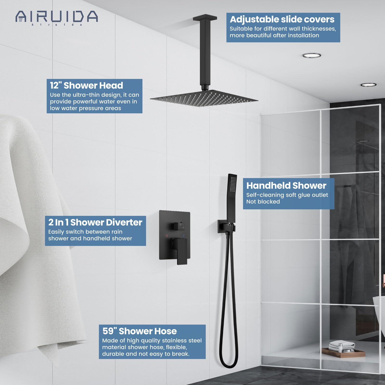 Airuida Matte Black 12 Inch Rainfall Shower System - Ceiling Mount Shower Faucet with SUS304 Ultra-Thin Shower Head & Brass Handheld Mixer Valve - Perfect for Modern Bathroom, Spa, and Luxury Home Renovation