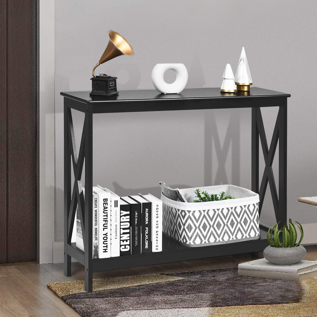 Giantex X-Design 2-Tier Console Table with Storage Shelf, Narrow Entryway Sofa Side Table for Hallway & Living Room - Perfect for Home Decor, Bookshelf & Accent Display (Black)