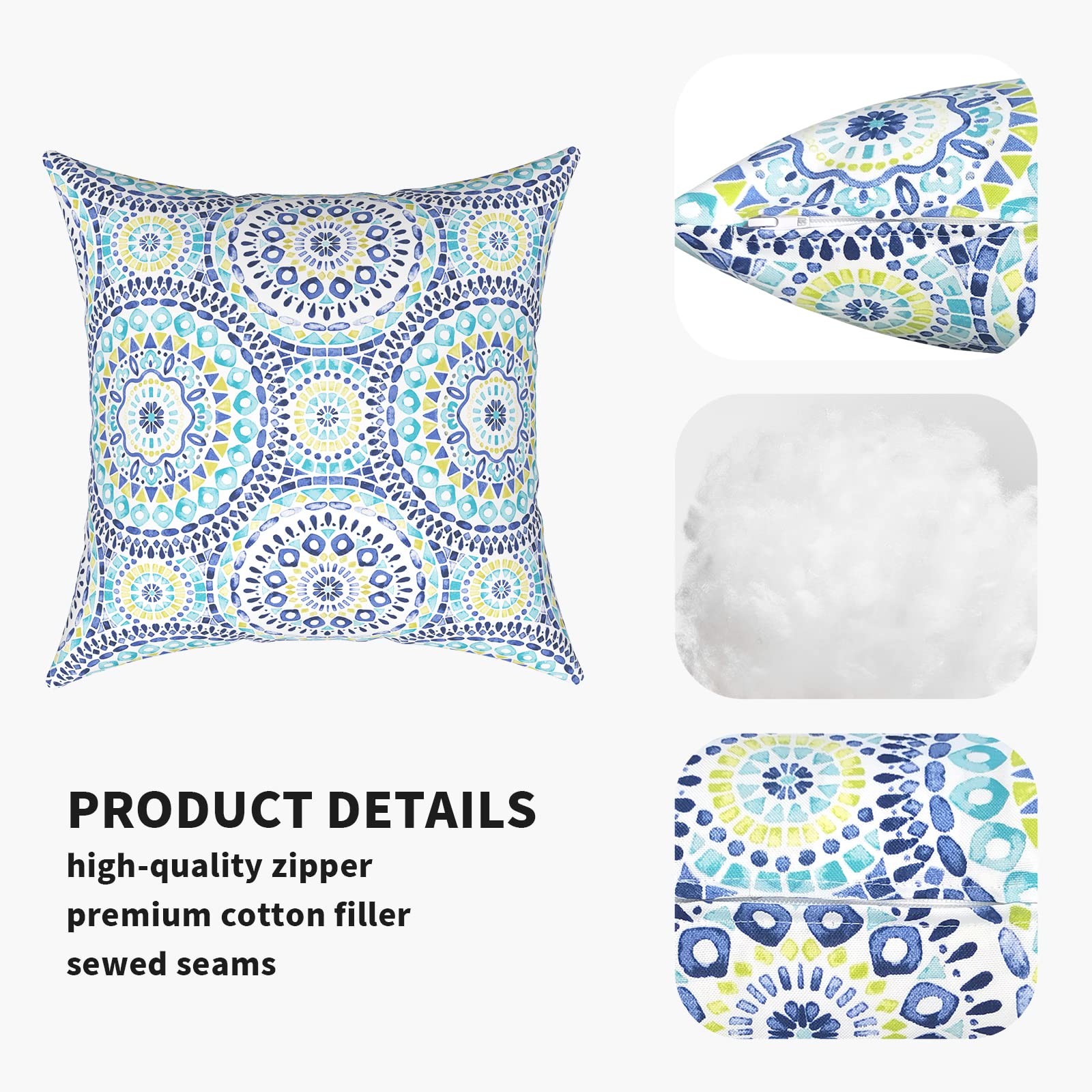 2 Pack Waterproof Outdoor Pillows 18x18 Inch - Square Decorative Throw Pillows for Patio Furniture, Sofa, Bench - All-Weather Cushion Covers with Inserts - Perfect for Backyard, Poolside & Garden Decor (Delancey Lagoon)