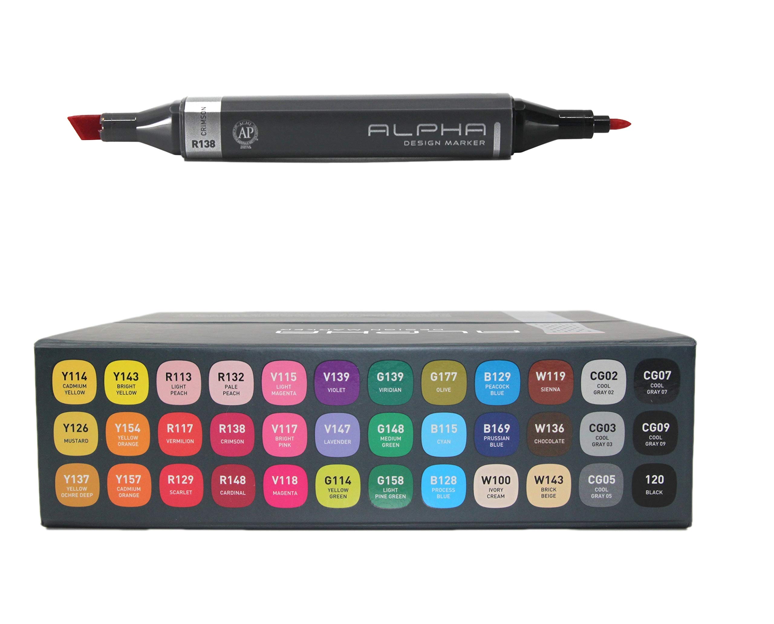 Alpha Colors 36-Color Alcohol-Based Dual Tip Art Markers Set - Brush & Chisel Artist Sketch Markers with Carrying Case, AP Certified Non-Toxic Quick Dry Ink - Perfect for Adult Coloring Books, Manga Drawing & Professional Illustration