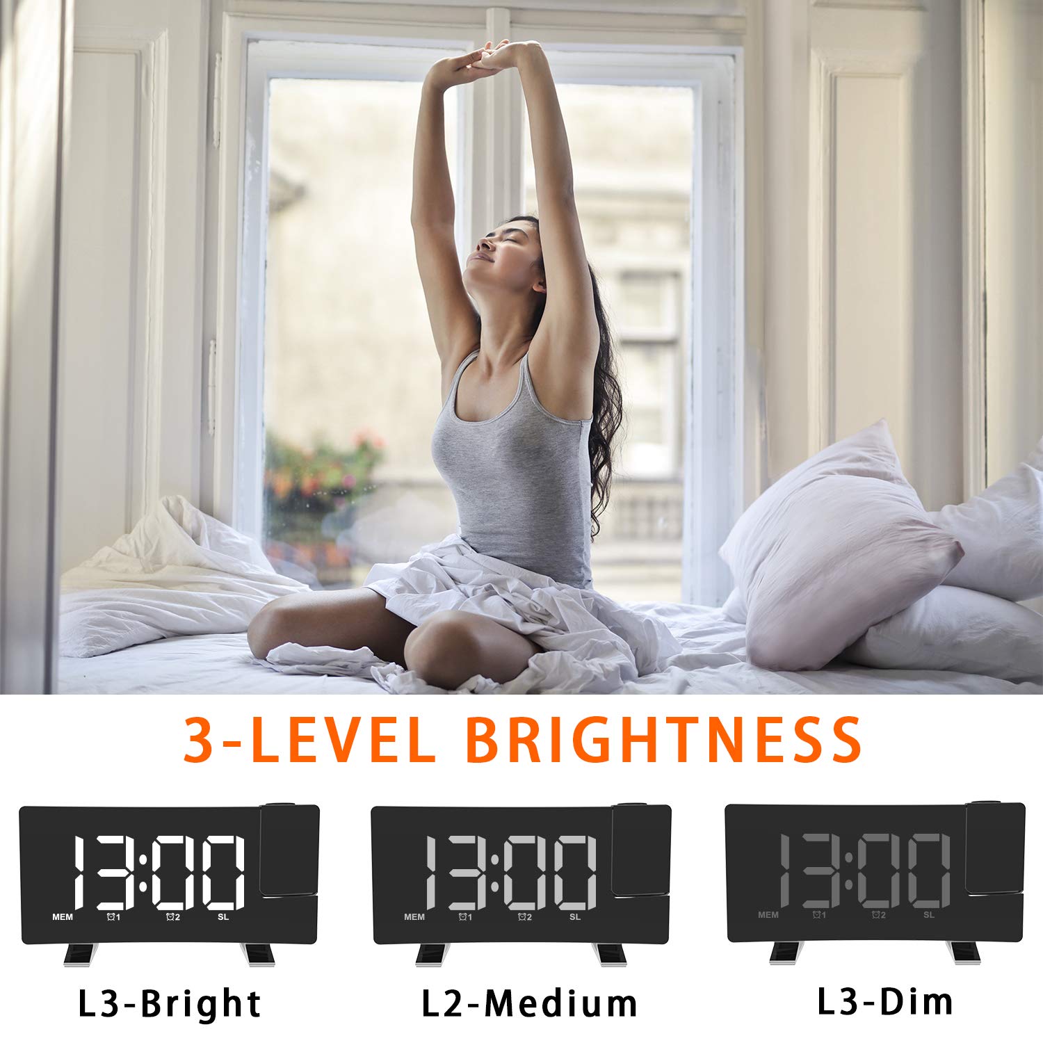 3H Digital Projection Alarm Clock with FM Radio, USB Charger, Dual Alarms, 5