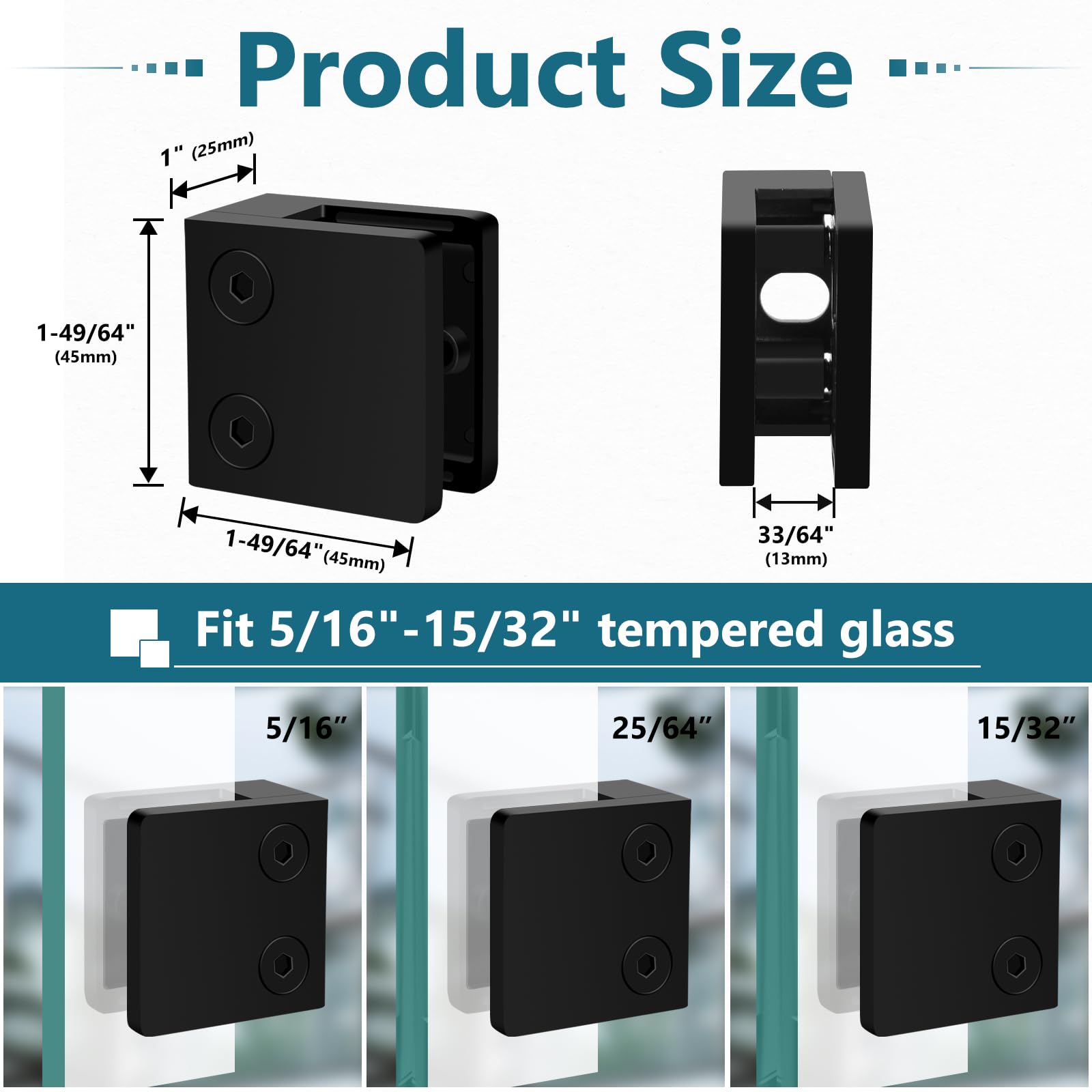 4 Pack Black Glass Clamp for Glass Balustrade - Stainless Steel 304 Square Flat Back Glass Brackets for Glass Railing - Heavy Duty 45x45mm Glass Bracket Fits 1/3