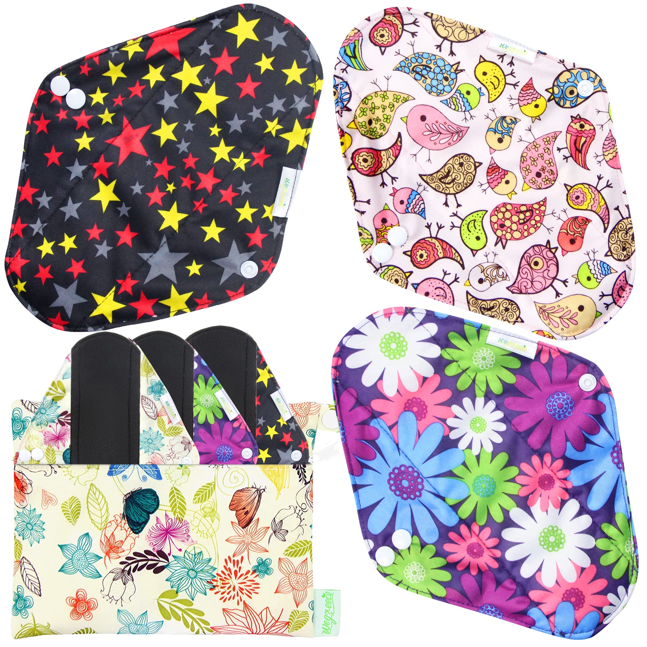 Wegreeco Reusable Bamboo Sanitary Pads - Eco-Friendly Cloth Menstrual Pads & Light Incontinence Pads with 1 Mini Wet Bag (Small, Mix Prints) | Perfect for Travel, Camping & Sustainable Period Care
