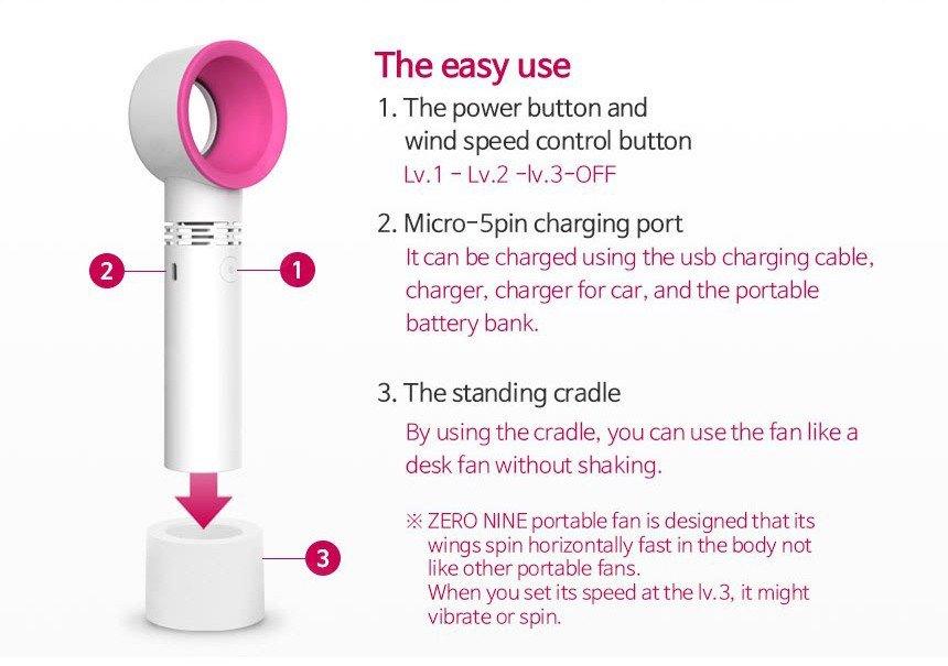 USB Bladeless Portable Handheld Fan - Rechargeable Battery Operated Mini Cooling Fan for Outdoor, Travel, Office & Home Use - Korean Innovative Design (White)