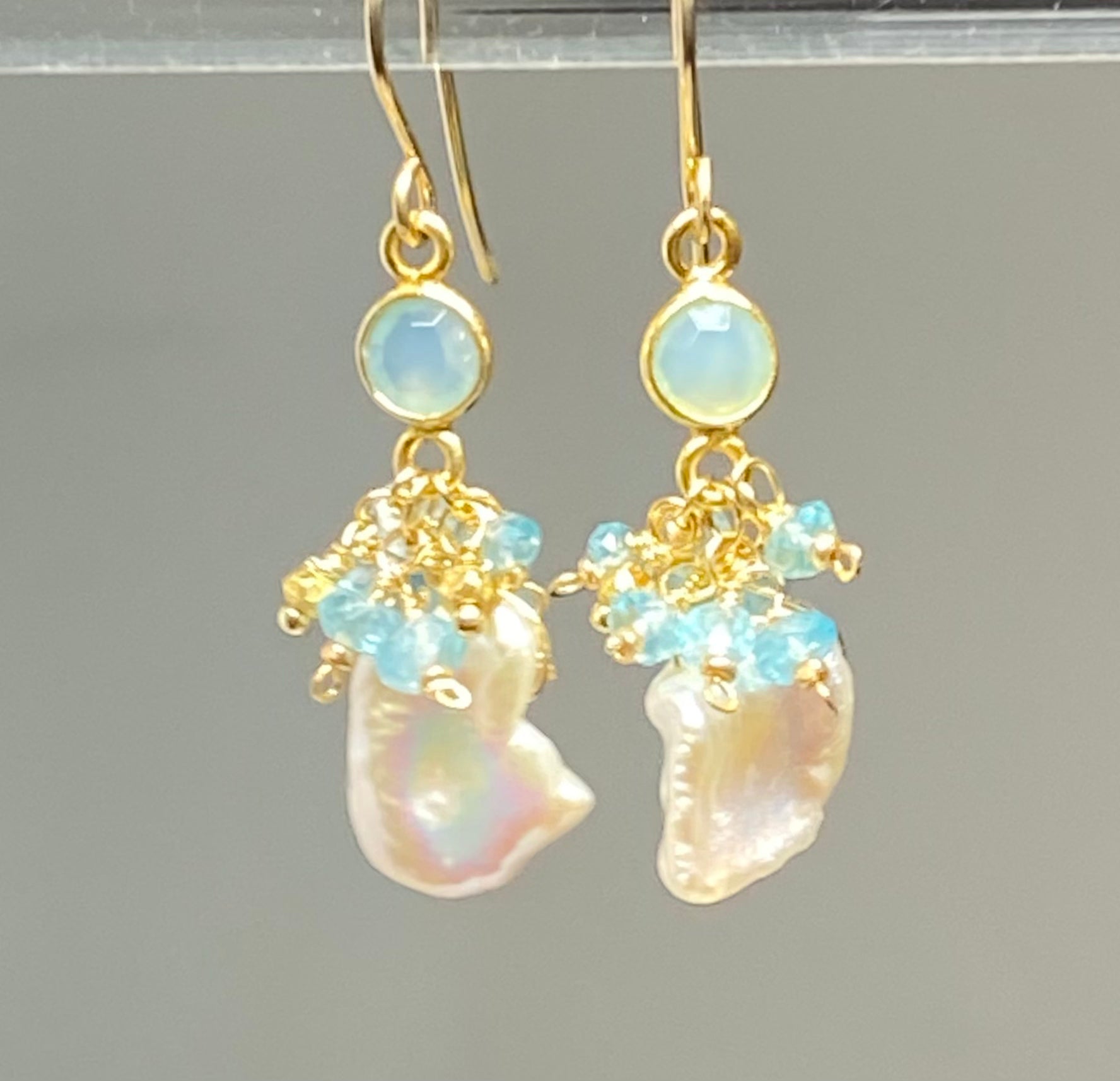 Keishi Pearl and Aqua Gemstone Cluster Dangle Earrings | Elegant Handmade Jewelry for Women | Perfect for Weddings, Parties & Special Occasions