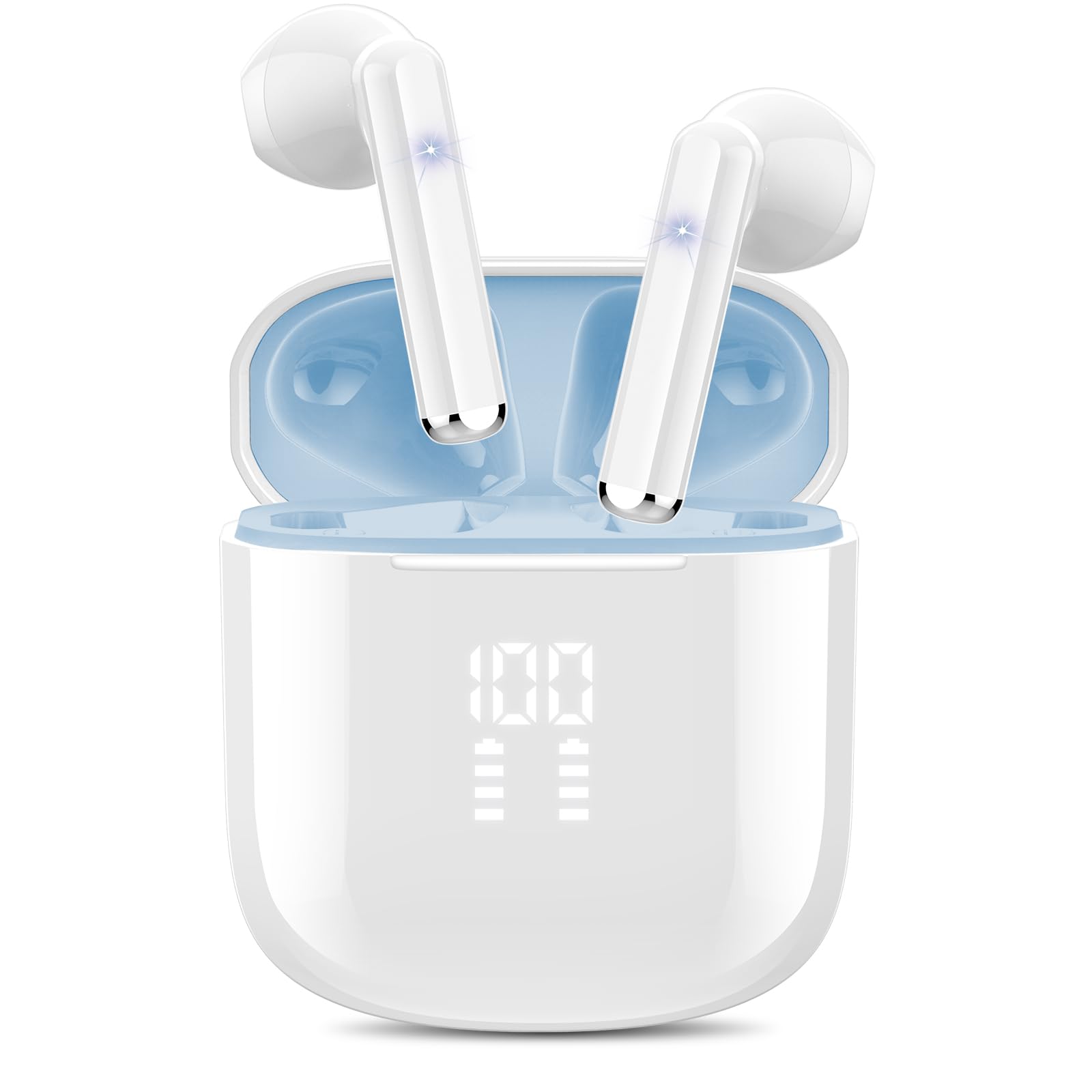 OYIB Wireless Earbuds Bluetooth 5.3 - HiFi Stereo Sound, ENC Noise Cancelling Mic, Touch Control, Type-C Charging, in-Ear Headphones (White/Blue) for Gym, Running, Workouts & Commuting