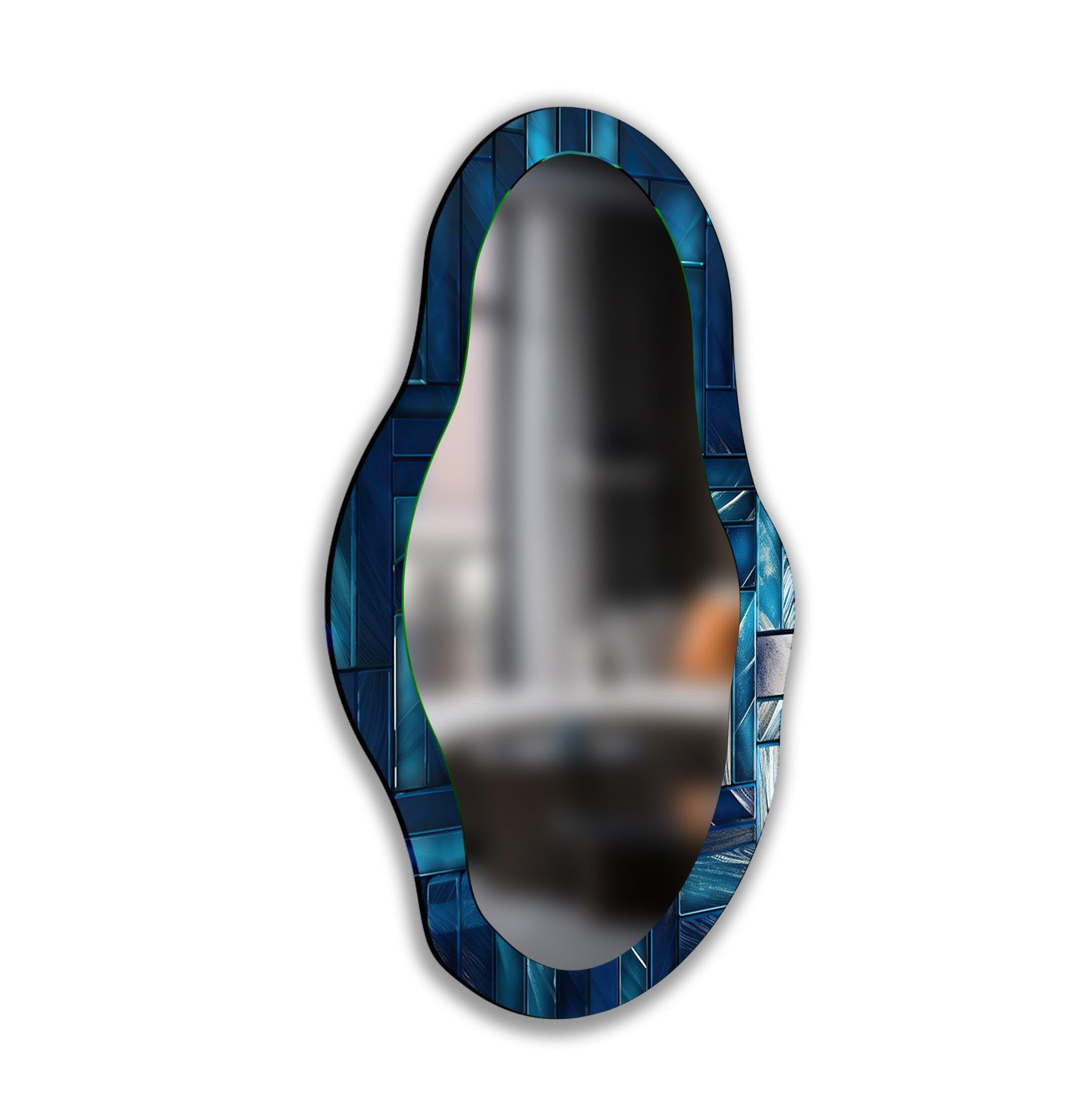 Blue Stained Abstract Asymmetric Wall Mirror - Modern Decorative Mirror for Living Room, Bedroom & Entryway - Unique Handcrafted Home Decor