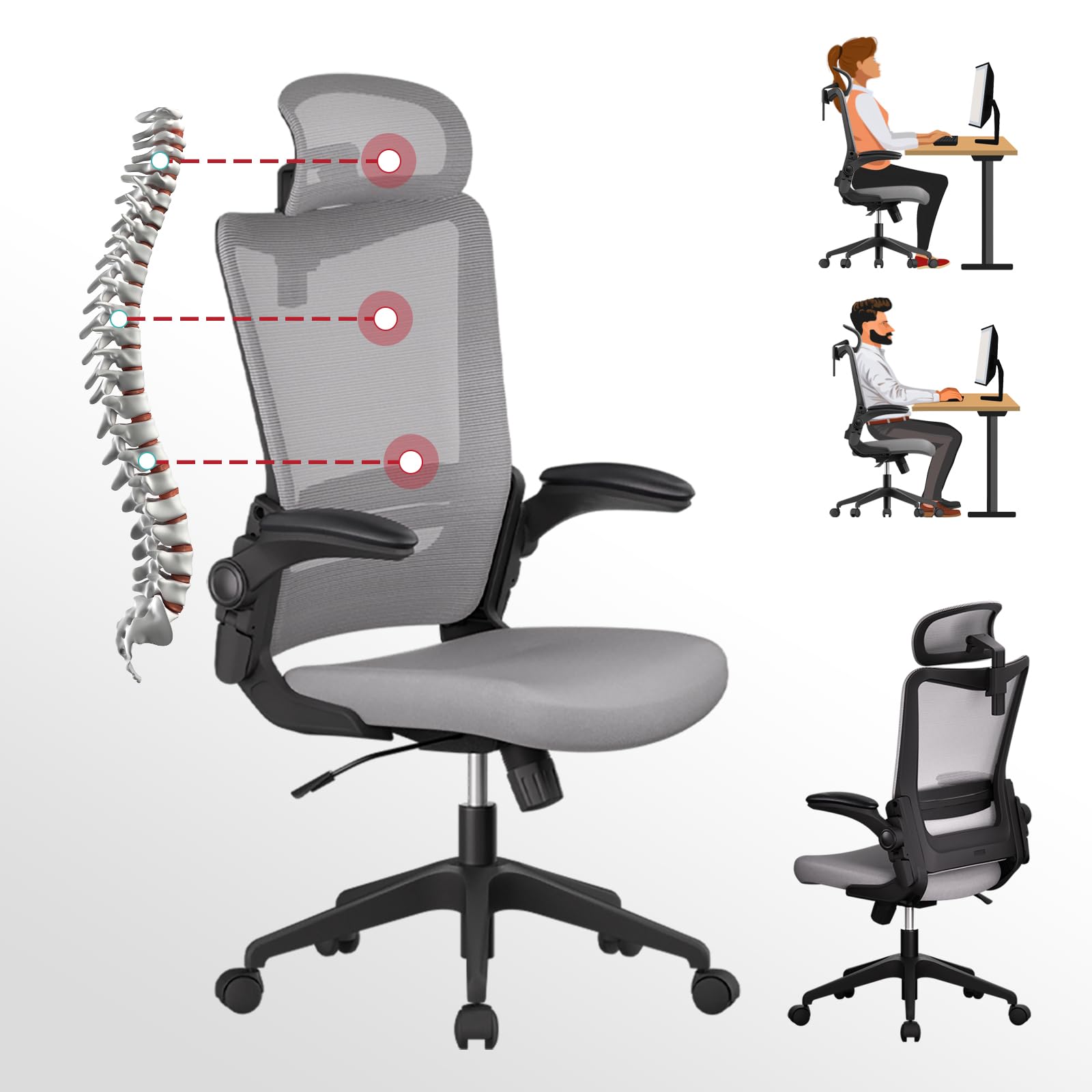 Ergonomic Mesh Office Chair with Lumbar Support & 4D Adjustable Armrests - C6 Grey Computer Desk Chair with 2D Headrest, 120° Rocking Function for Home Office, Conference Room & Workspace Comfort