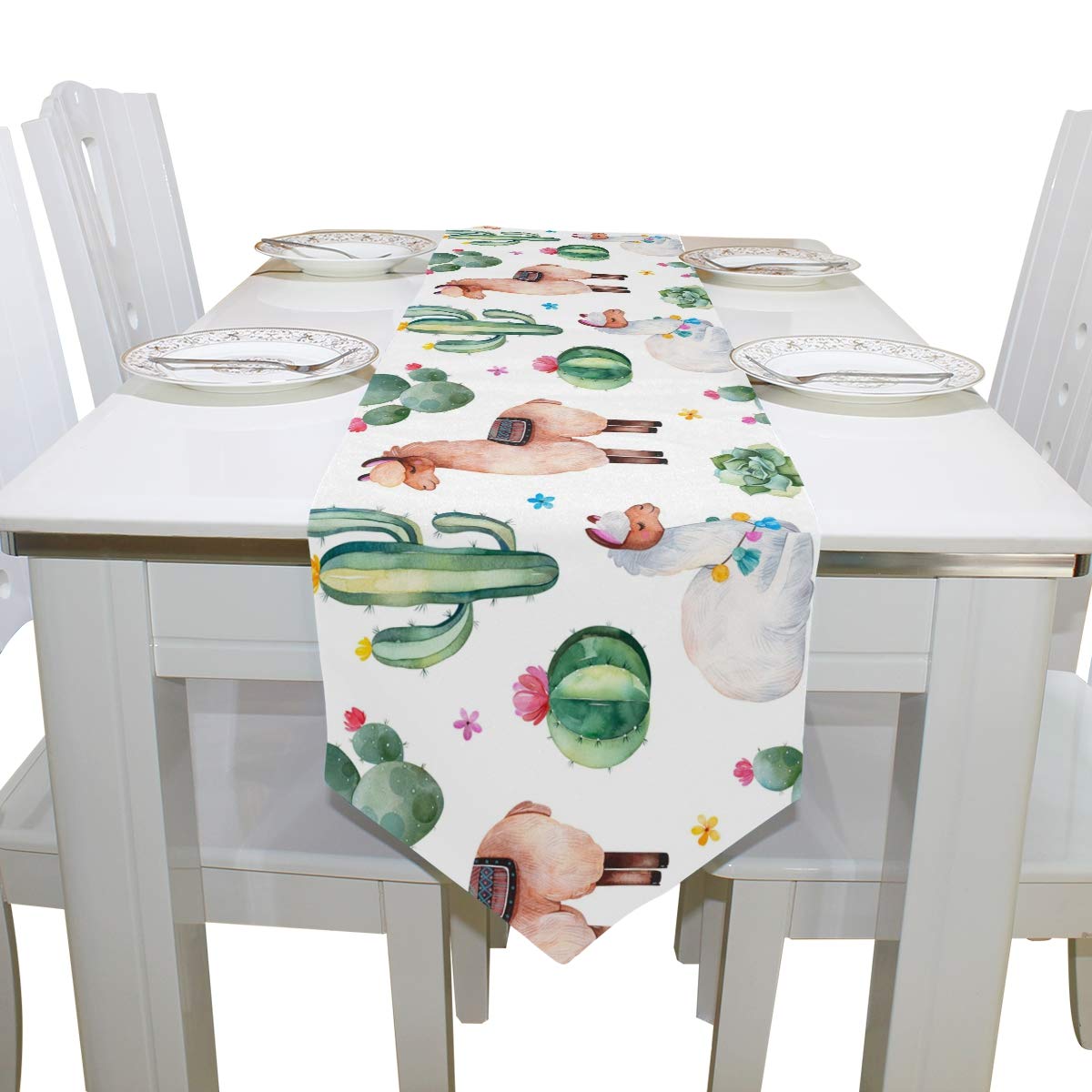 MOYYO Green Cactus & Cute Llamas Alpaca Table Runner - 13 x 70 Inch Polyester Tablecloth for Coffee Tables, Weddings, Parties & Home Decor | Perfect for Dining Room, Kitchen, Banquets, and Special Events