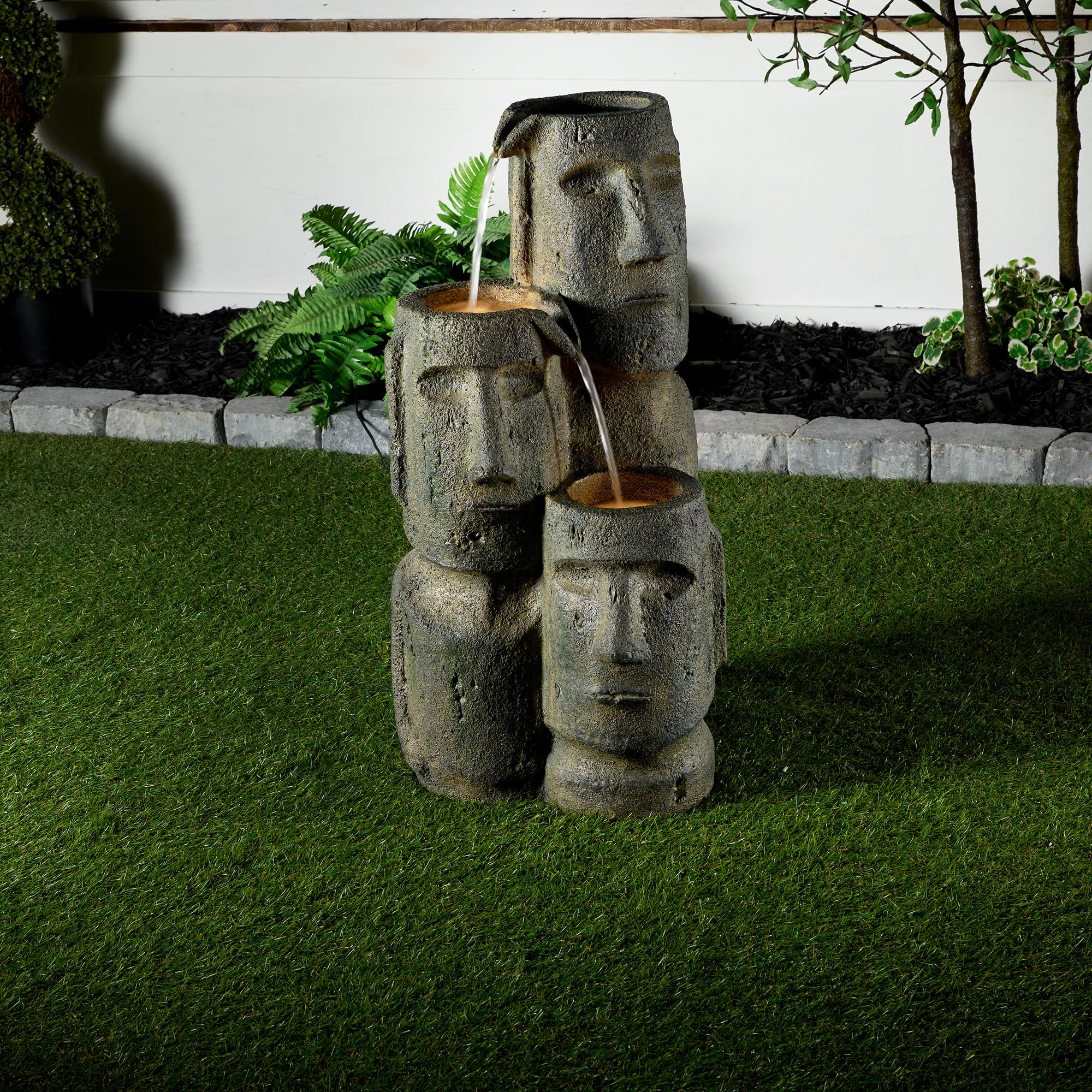 Hi-Line Gift Easter Island Head Fountain with 2 LED Lights - Outdoor Garden Decor, Patio Water Feature, Unique Home & Yard Decoration