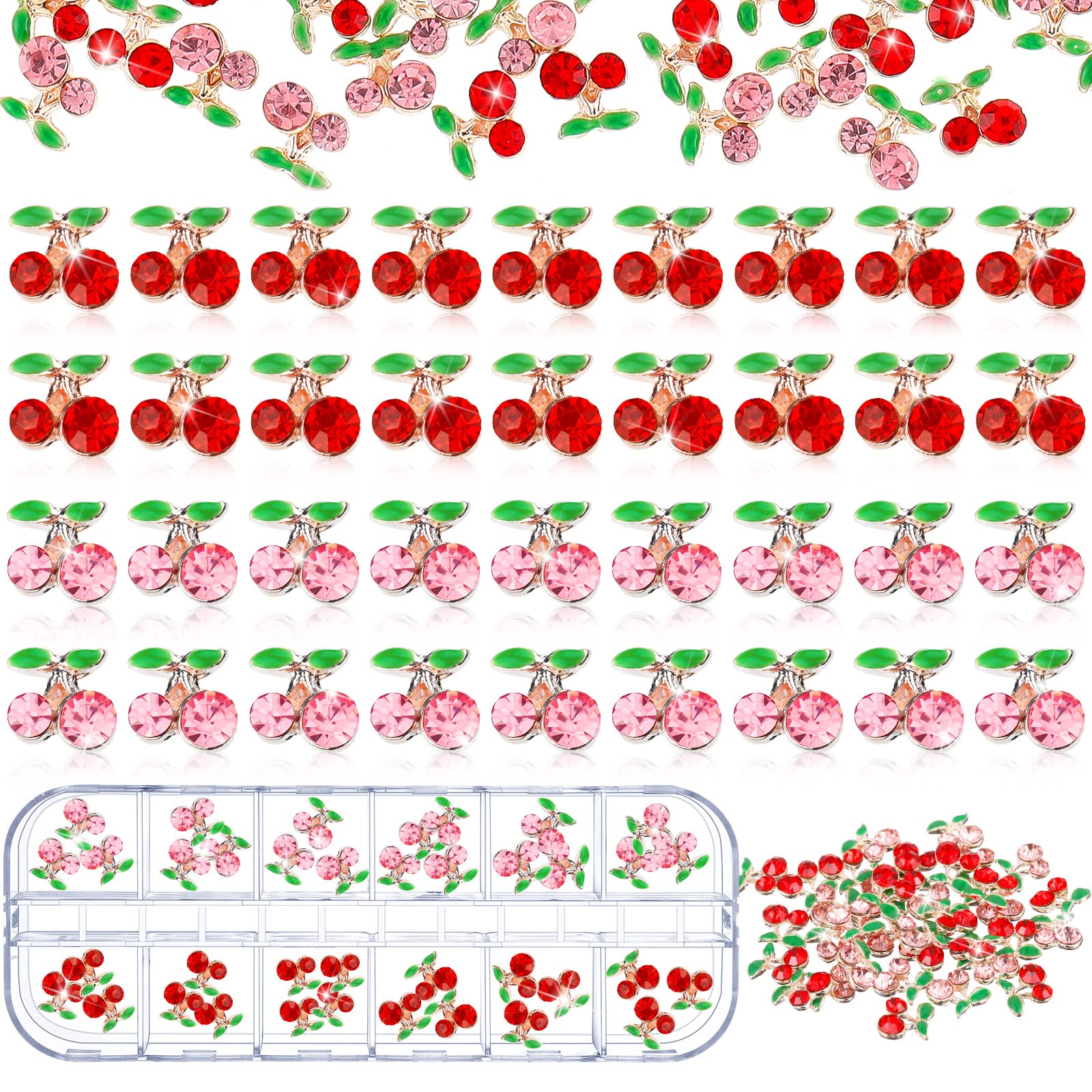 36 Pcs 3D Cherry Nail Charms - Shiny Rhinestone Gems & Glitter Studs for Nail Art (8x8mm, Red & Pink) | DIY Jewelry Making, Manicure Decorations, Gift for Women