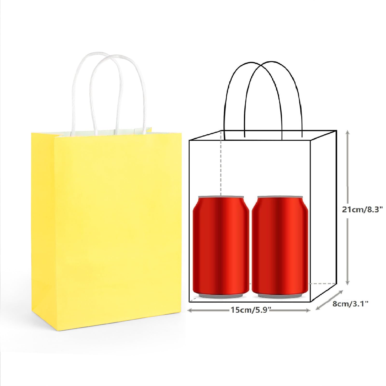 25-Pack Yellow Paper Gift Bags with Handles - 5.9x3.1x8.3 Inches Small Party Favor Bags for Birthday, Wedding, Retail & Festivals | Bulk Goodie Bags for DIY Crafts, Shopping & Business Use