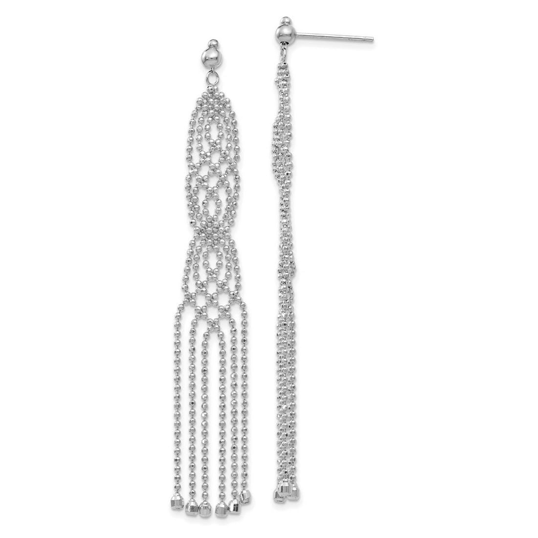 14K White Gold Dangle Beaded Polished Post Bead Chain Earrings for Women & Men - 73x11mm Wide Elegant Drop Earrings for Parties, Weddings & Special Occasions