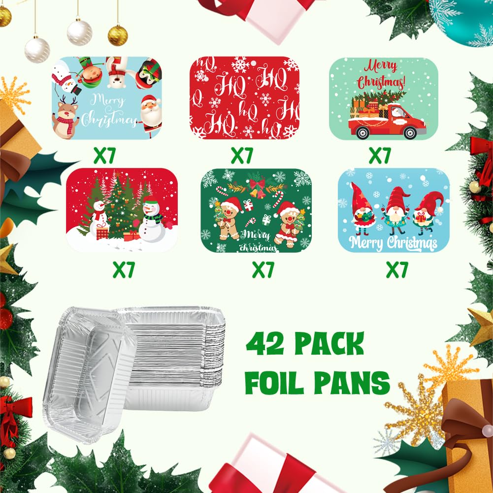 42-Piece Christmas Foil Food Storage Containers with Lids | Disposable Santa-Themed Aluminum Pans for Baking, Cooking & Holiday Parties | Perfect for Leftovers, Meal Prep & Festive Gatherings