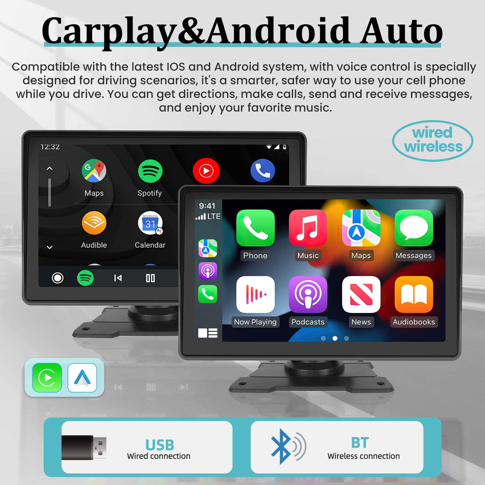 7 Inch Portable Apple CarPlay & Android Auto Wireless Car Screen - GPS Navigation System with Mirror Link, Bluetooth, FM Transmitter & USB - 12 LED Backup Camera for Safe Parking - Perfect for Road Trips & Daily Commuting