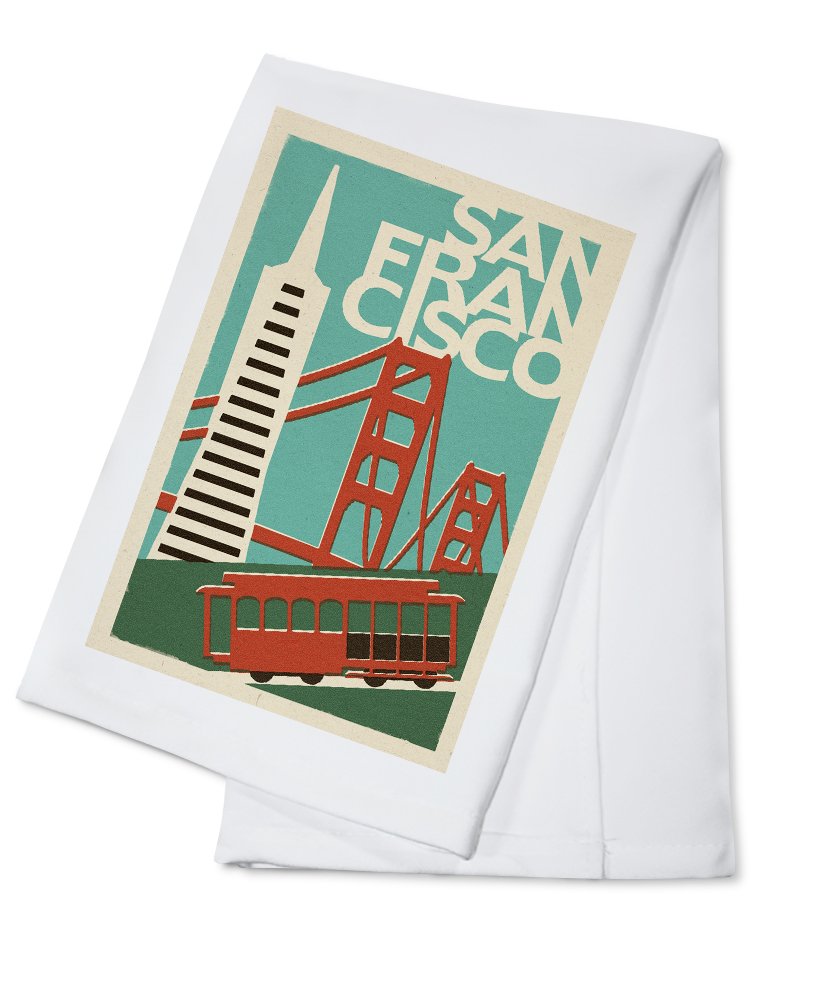 San Francisco California Woodblock Print 100% Cotton Tea Towel - Decorative Hand Towel for Kitchen, Home Decor & Gift - Perfect for Dish Drying, Baking & Vintage Style Decor
