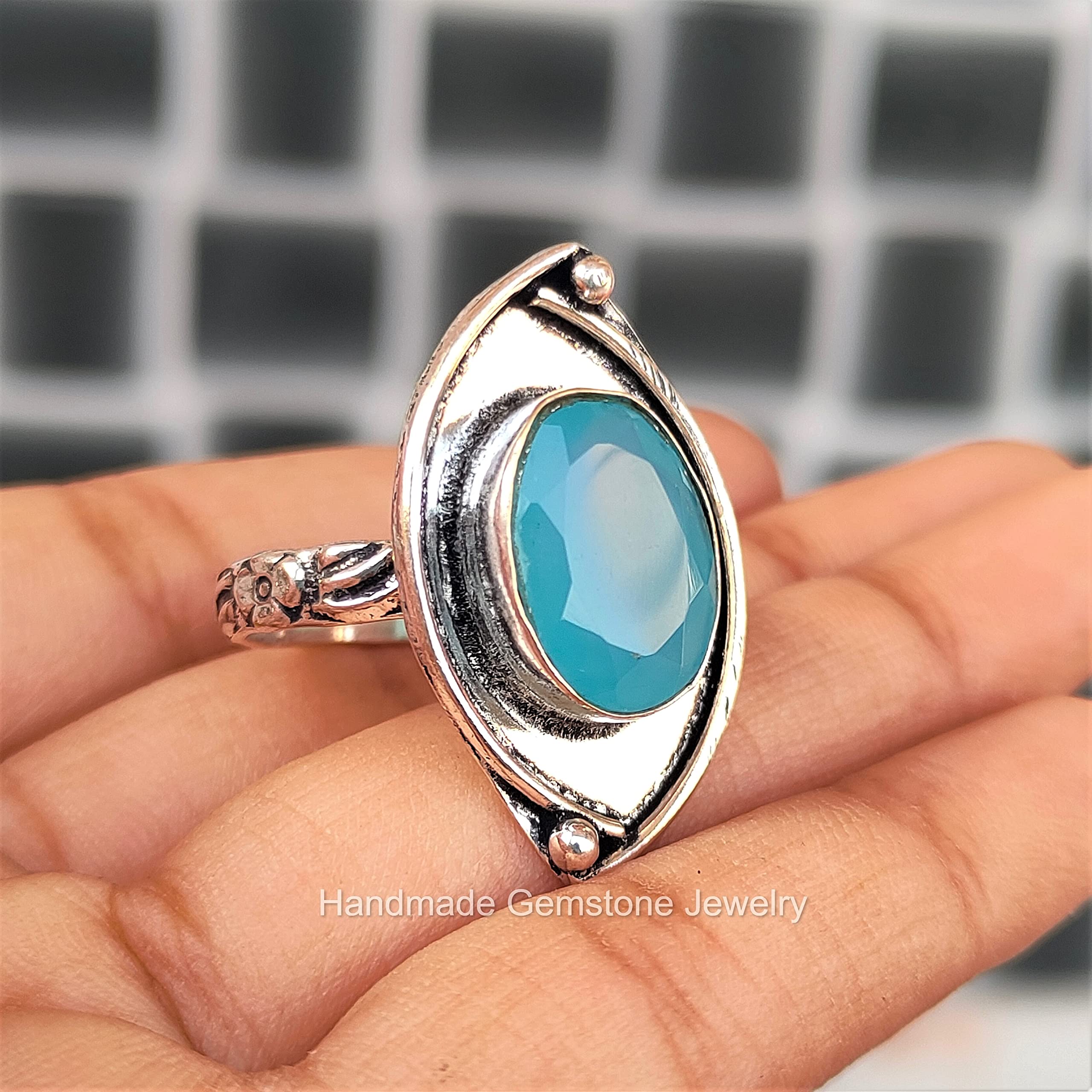 Blue Chalcedony Ring - Oval Faceted Stone Designer Band for Wedding, Promise & Unisex Jewelry | Unique Handcrafted Gemstone Ring for Everyday Wear & Special Occasions
