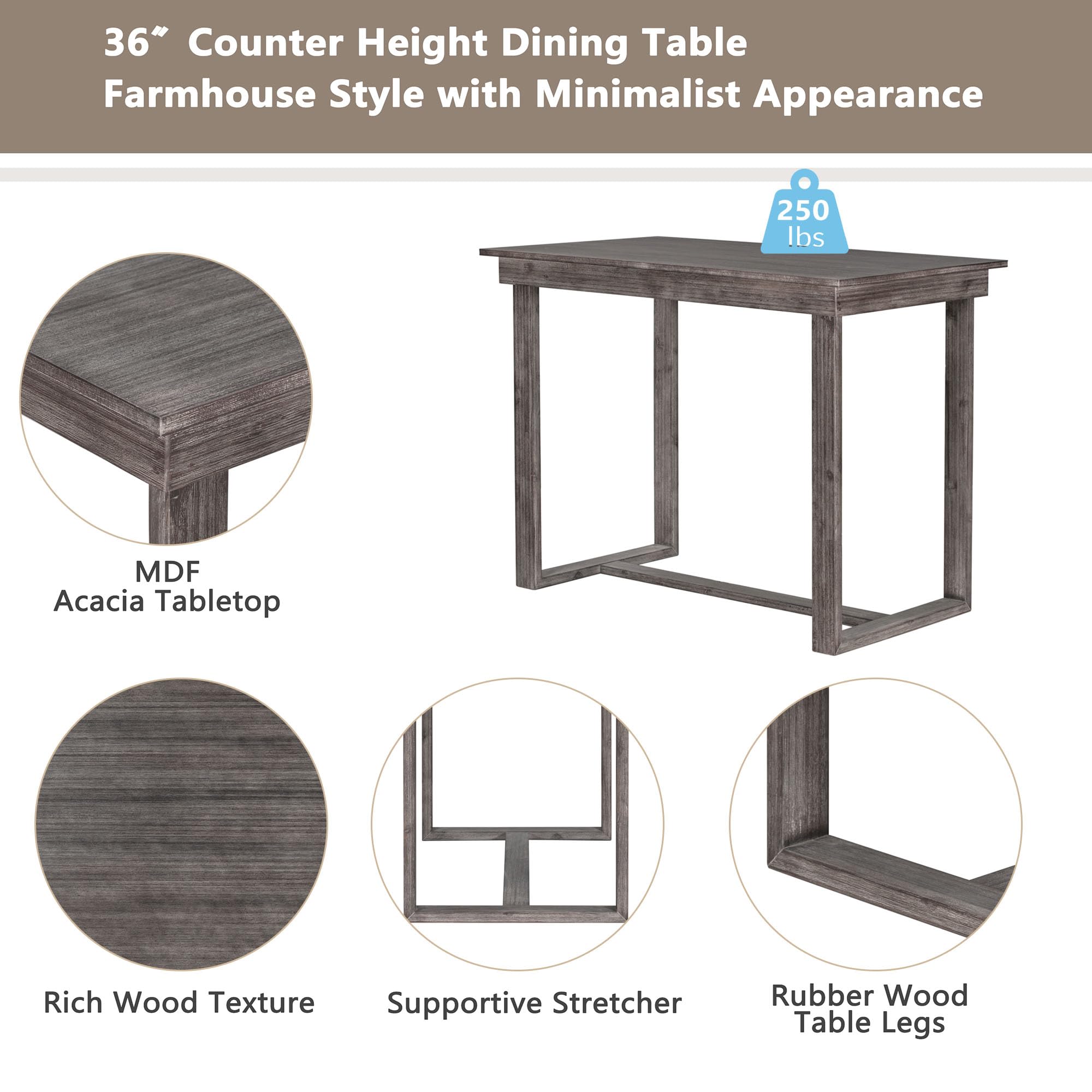 Farmhouse Style 5-Piece Counter Height Dining Set - Solid Wood Rectangular Table with 4 Chairs, Gray Wooden Kitchen Pub Bar Table for Small Spaces, Perfect for Breakfast Nooks, Compact Apartments & Cozy Dining Areas