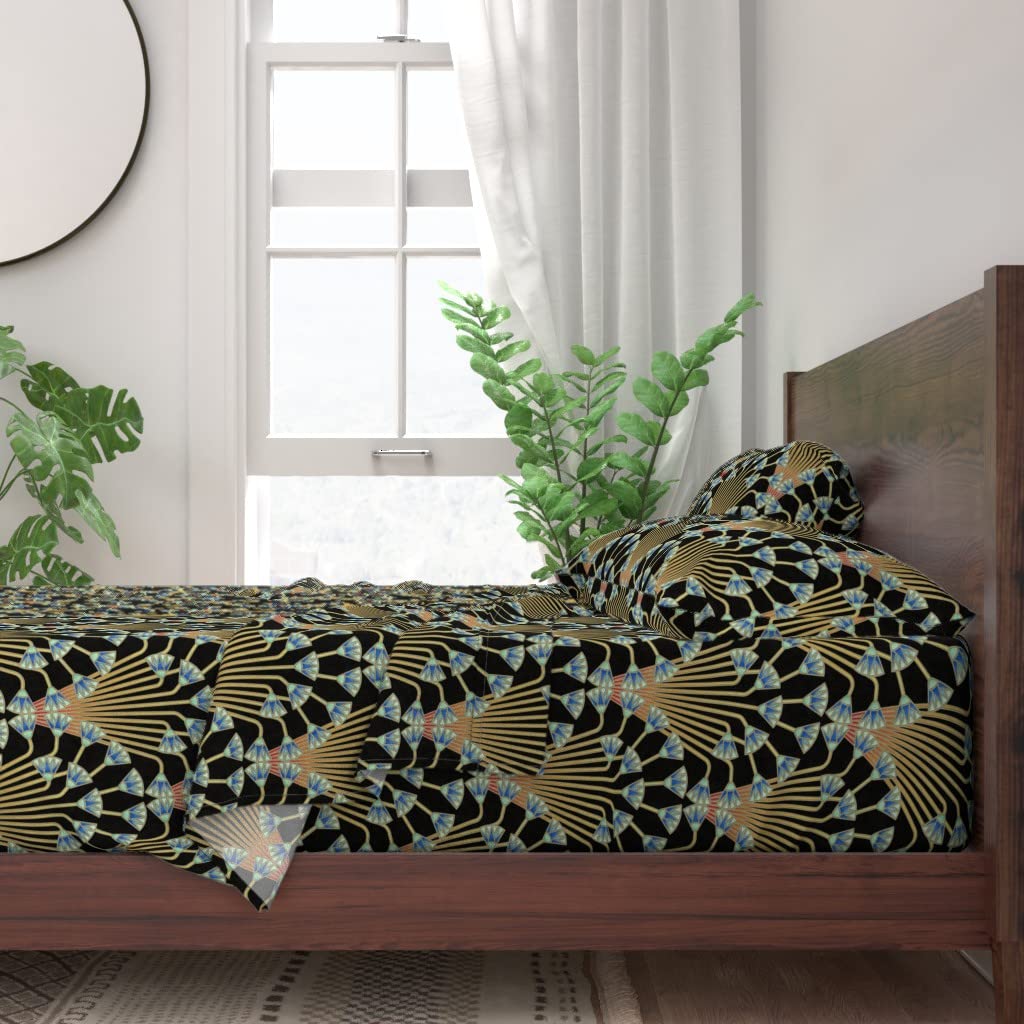 Egyptian Floral Art Deco Queen 4-Piece Cotton Sheet Set | 100% Breathable Soft Bedding for Home Decor & Luxurious Sleep | Dark Scallop Botanical Print Custom Design