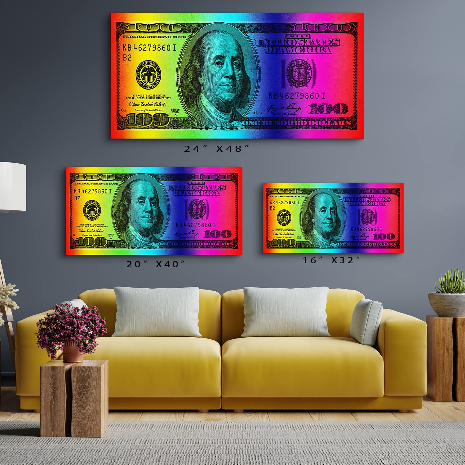 GUBIYU 100 Dollar Bill Wall Art - Rainbow Framed Canvas Print (24