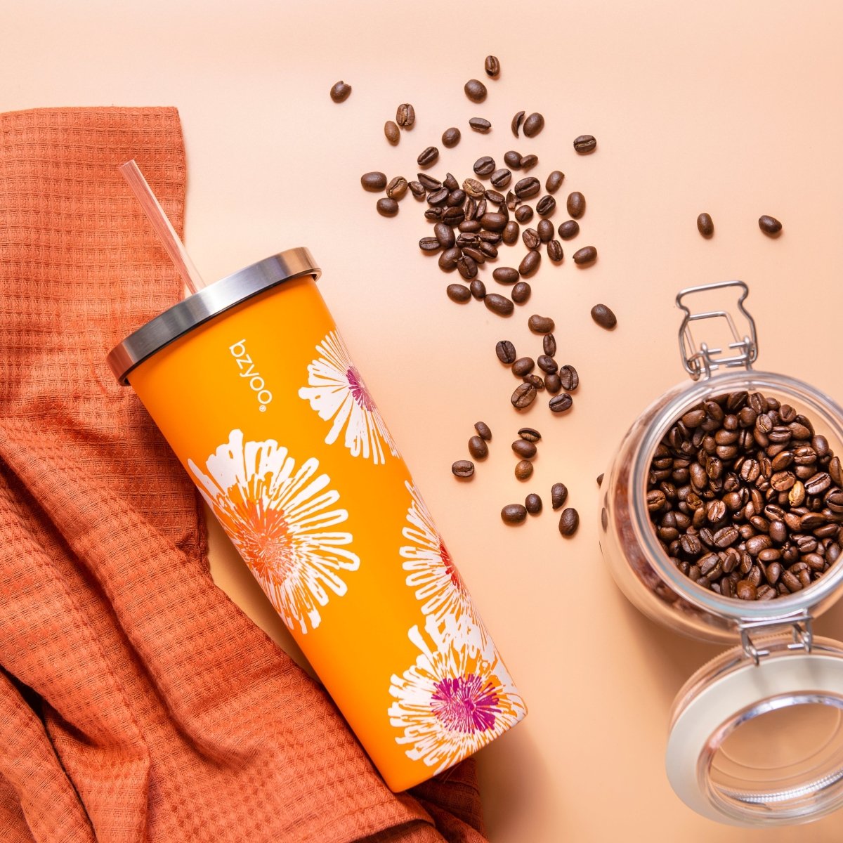 24oz Double Wall Vacuum Insulated Stainless Steel Tumbler with Straw Lid - Floral Orange Design | Leakproof & Sweatproof | Perfect for Coffee, Iced Tea & Outdoor Activities