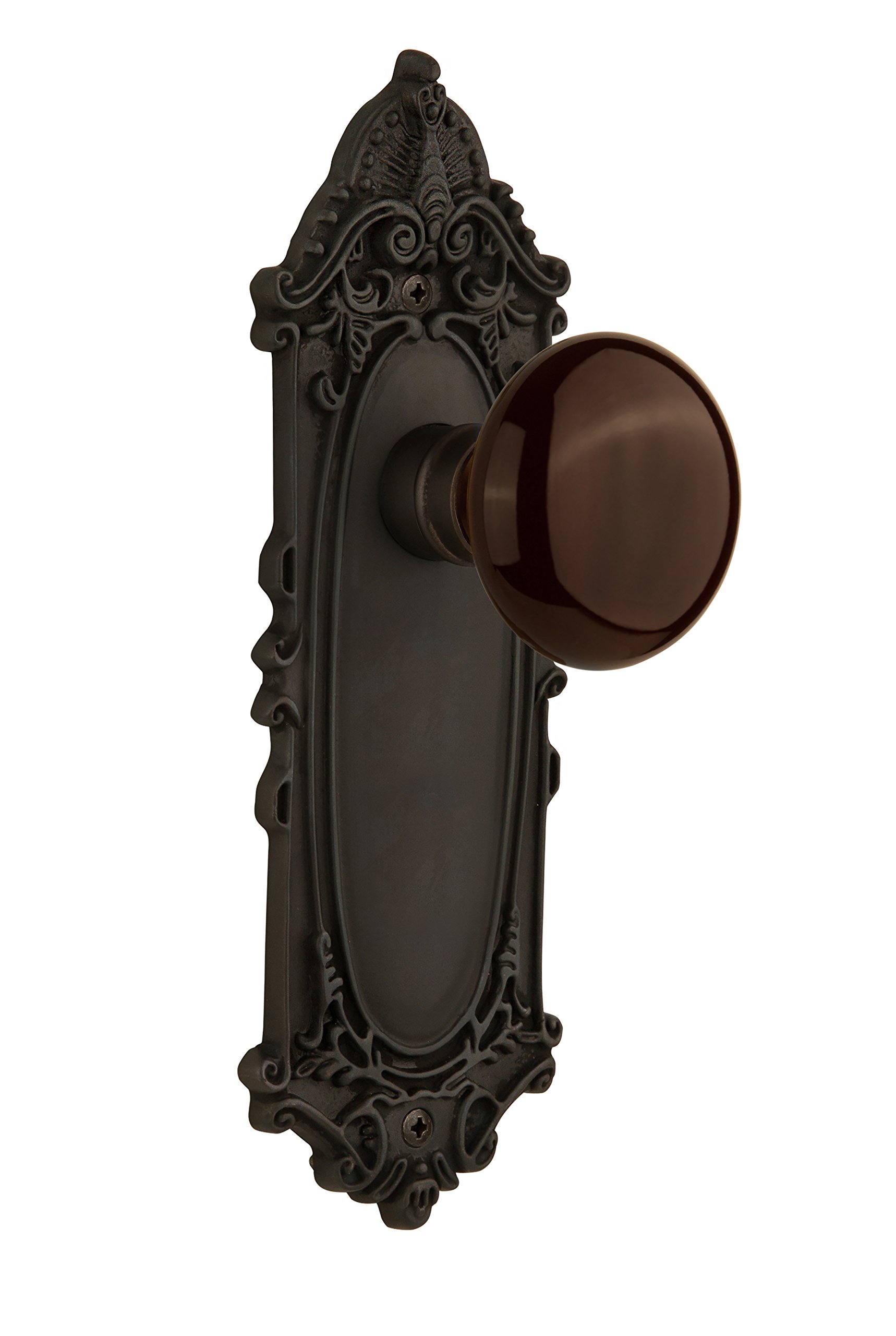 Nostalgic Warehouse 710670 Victorian Oil Rubbed Bronze Double Dummy Door Plate with Brown Porcelain Knob - Perfect for Vintage Home Decor & Victorian Style Interior Design