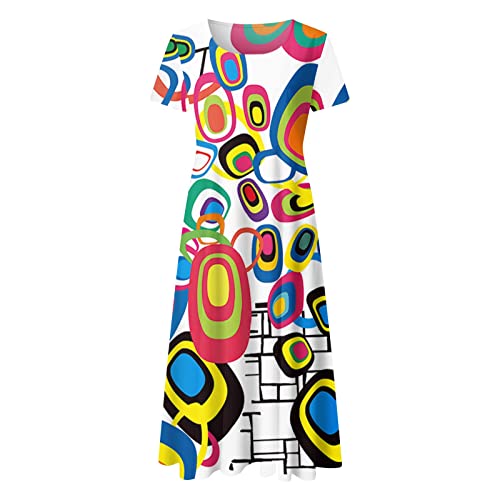 Women's Floral Printed Boho Beach Sundress - Casual Short Sleeve Crew Neck Loose Summer Dress for Vacation, Travel, and Outdoor Activities (Yellow, Size L)