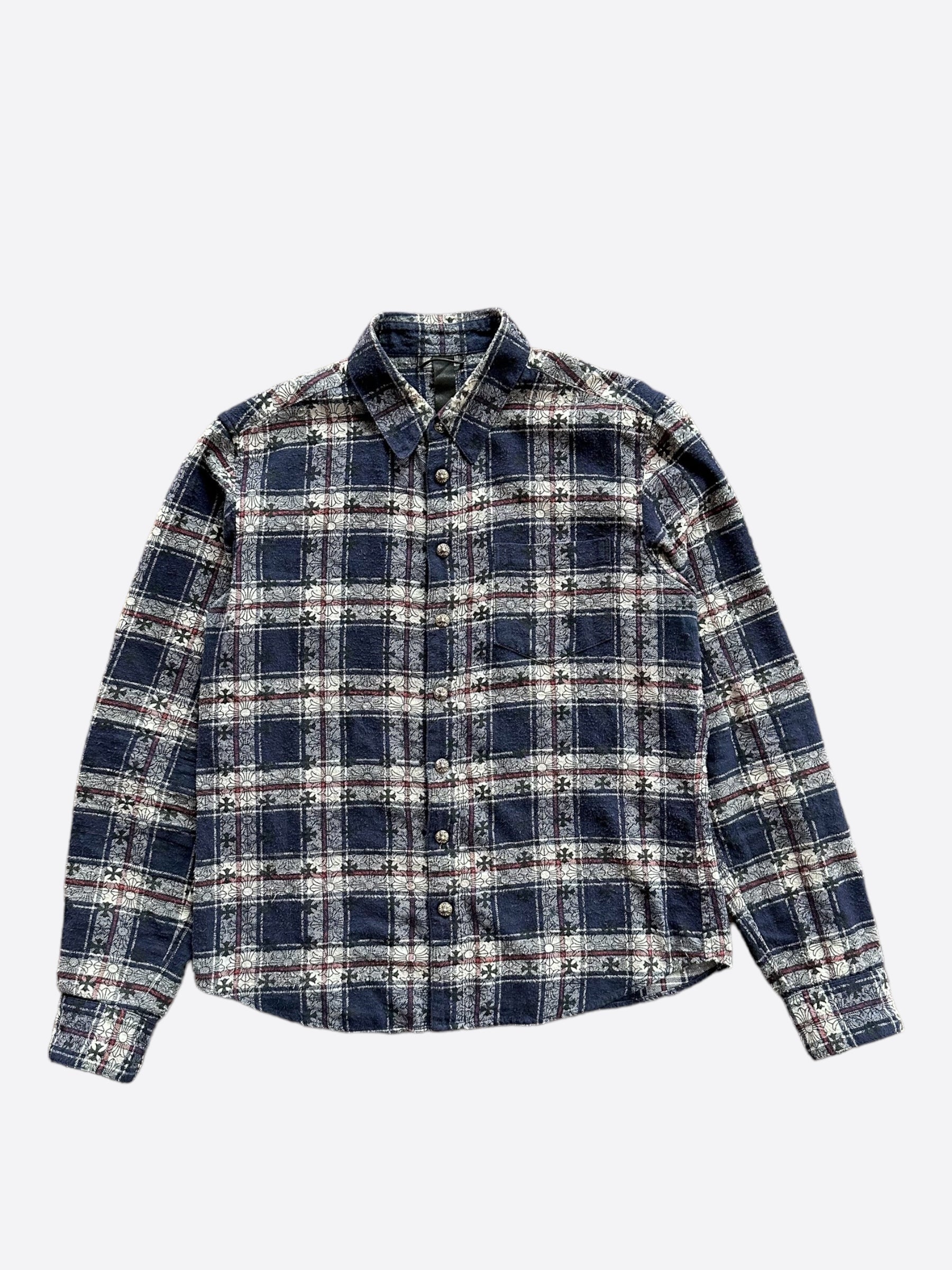 Chrome Hearts Blue Cross Patch Jacquard Button Up Shirt for Men | Gothic Fashion Streetwear | Perfect for Casual Outings and Music Festivals