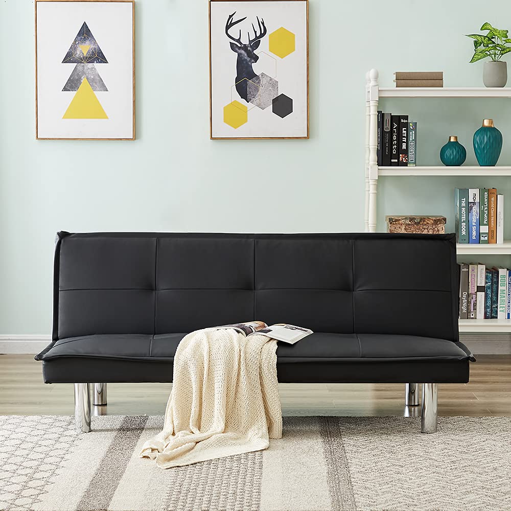 Convertible PU Leather Sleeper Sofa Bed with Metal Legs & Tufted Back - Foldable Futon Couch for Living Room, Bedroom, Apartment - Perfect for Small Spaces, Guest Beds & Lounge Relaxation (Black)