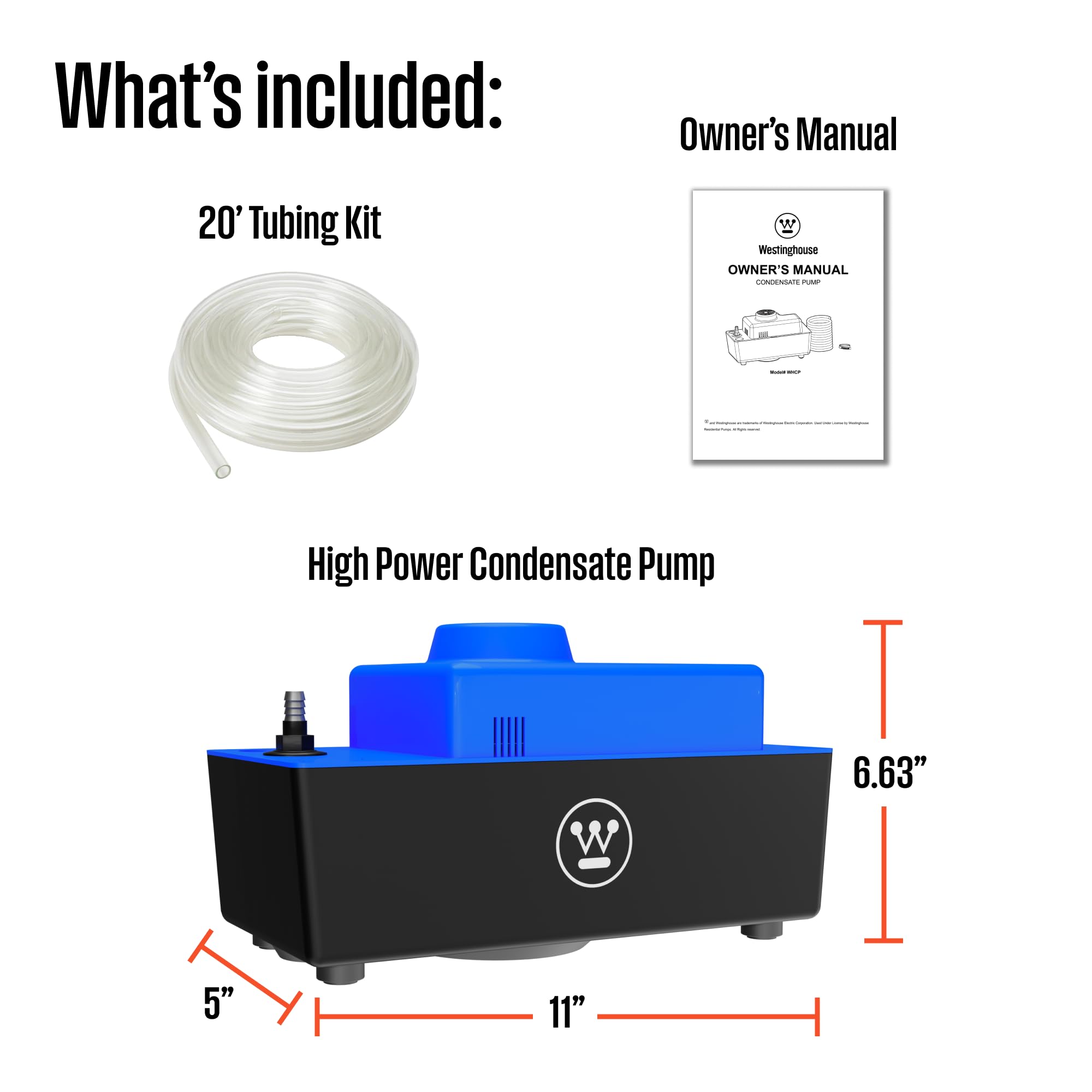 Westinghouse 1/20 HP 132 GPH HVAC Condensate Pump with Automatic Safety Switch - 115V AC Condensate Removal Pump for Air Conditioner, Furnace & Dehumidifier - Includes 6ft Power Cord & 20ft Tubing - Perfect for Home, Office & Commercial HVAC Systems