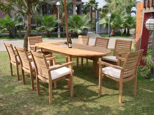 Premium 9-Piece Teak Wood Dining Set with 94-Inch Oval Table & 8 Stackable Hari Arm Chairs - Outdoor/Indoor Luxury Patio Furniture for Garden, Restaurant, or Home Decor #WHDSHR6