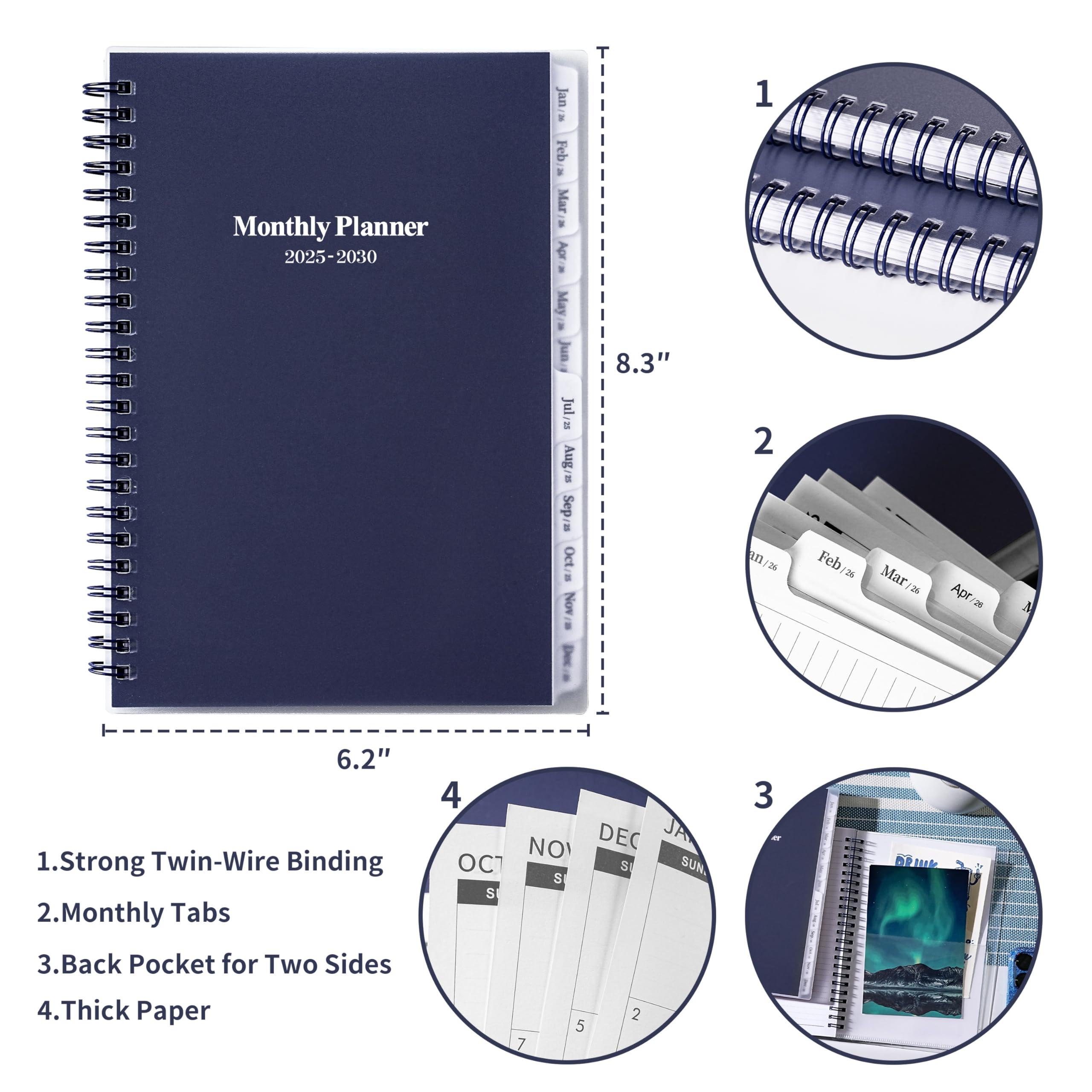5-Year Monthly Planner 2025-2030 with Tabs | 60 Months, Two-Side Pocket & Notes Pages | 6.4