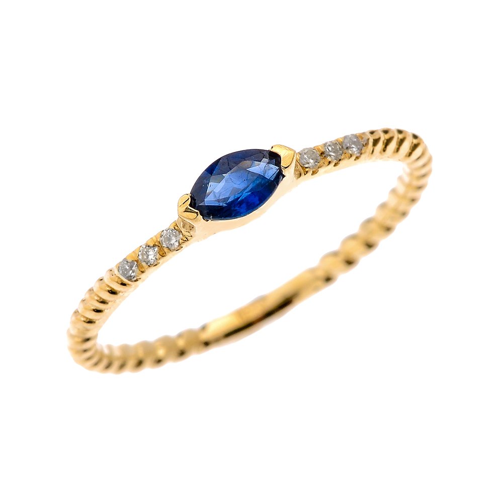 10K Yellow Gold Dainty Diamond and Marquise Sapphire Rope Design Stackable Ring for Women - Elegant Proposal, Engagement, Wedding, Anniversary Gift - Perfect for Everyday Wear & Special Occasions
